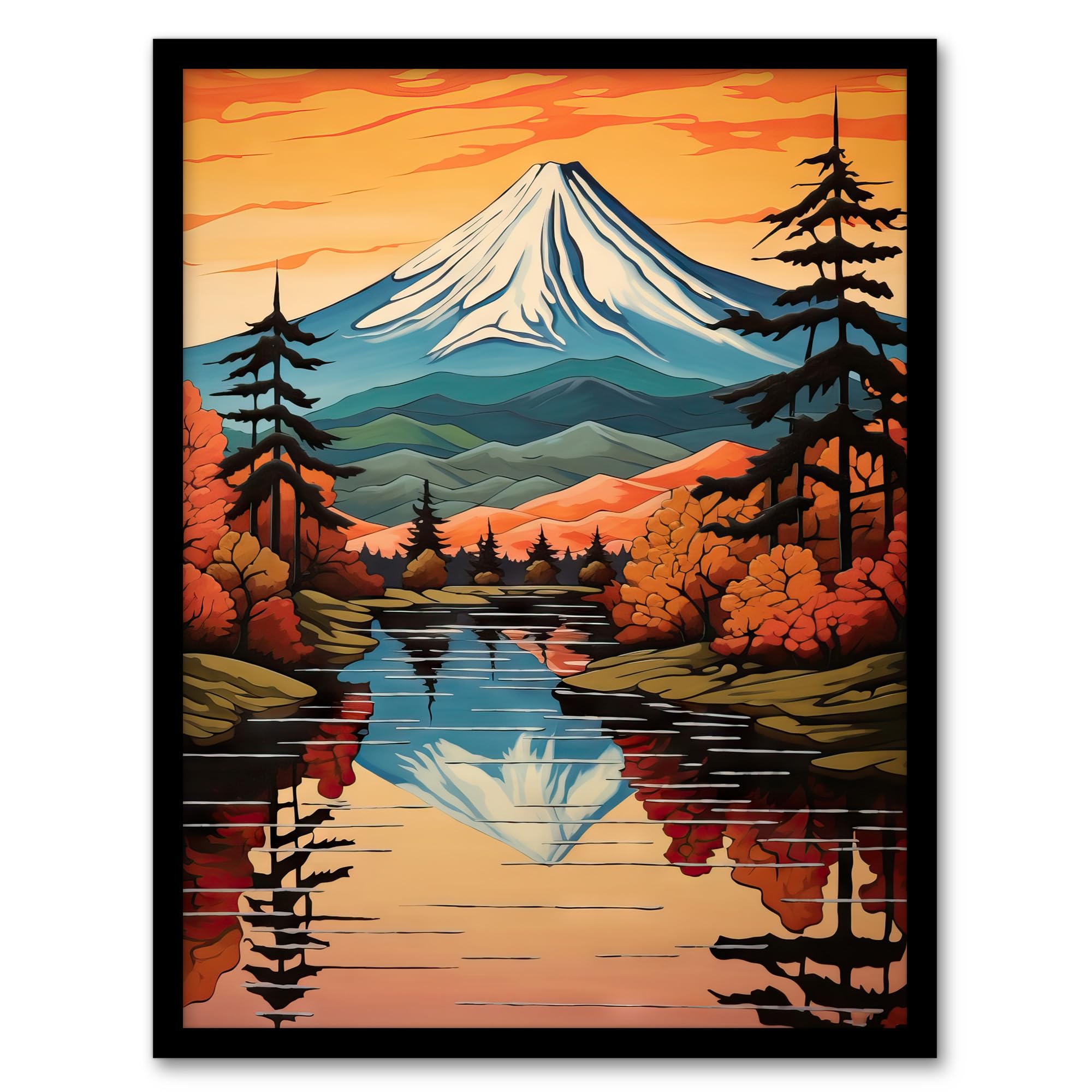Artery8 Mount Fuji Reflecting In Lake Kawaguchi Waters Oil Painting Autumn In Japan Sacred Volcano Mountain Artwork Framed Wall Art Print A4