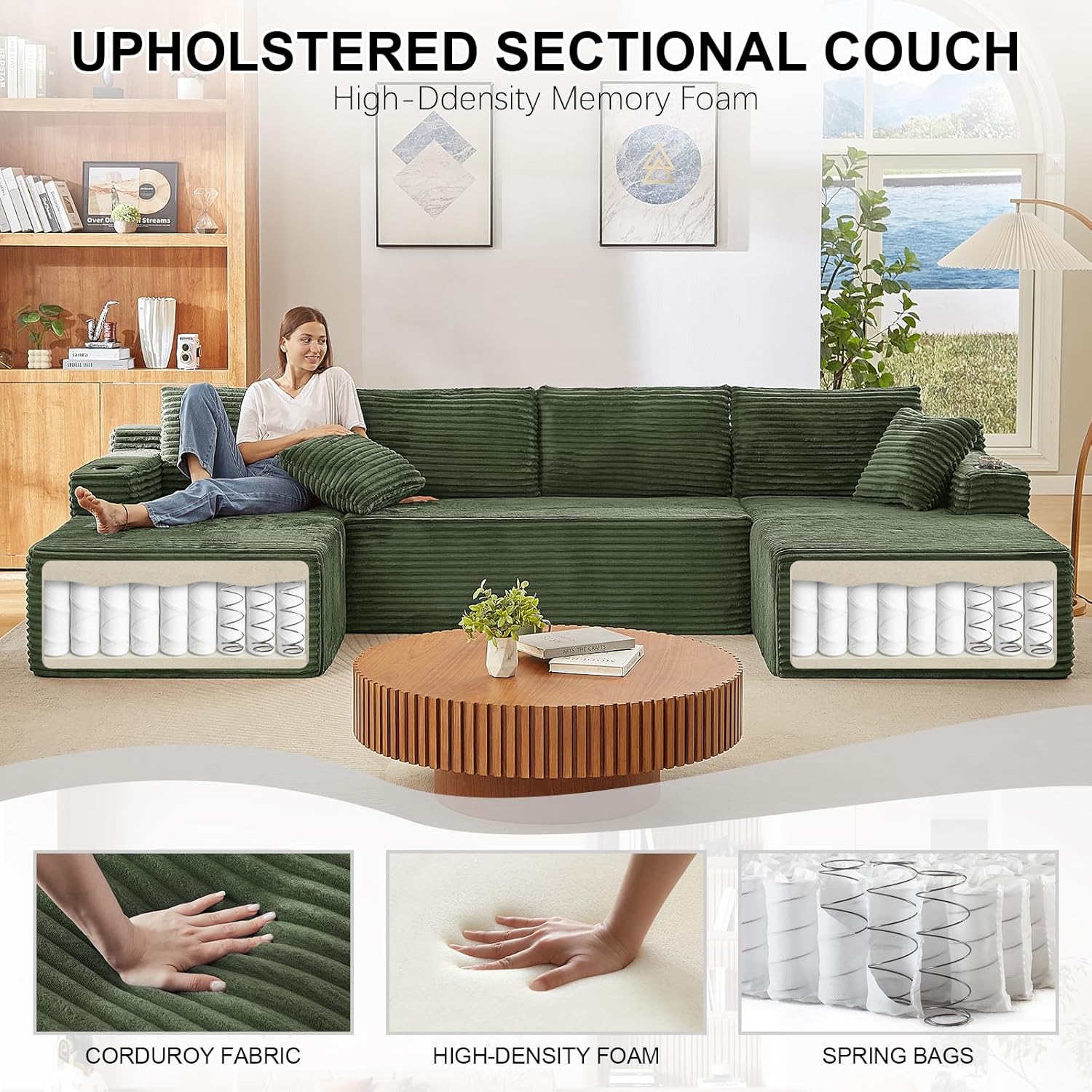 134 Inch U-Shaped Couch Modular Sectional Sofa, Oversized Corduroy Boneless Couch with Cup Holder and Storage Pocket, 4-Seater Upholstered Cloud Sofa for Living Room, No Assembly Required, Green