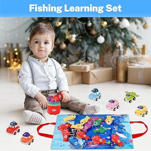 Miniatura 5 de Juguetes Montessori 2 en 1 para niños de 1 año - Juego de pesca para niños pequeños con tazas apilables y autos abatibles, juguetes de aprendizaje