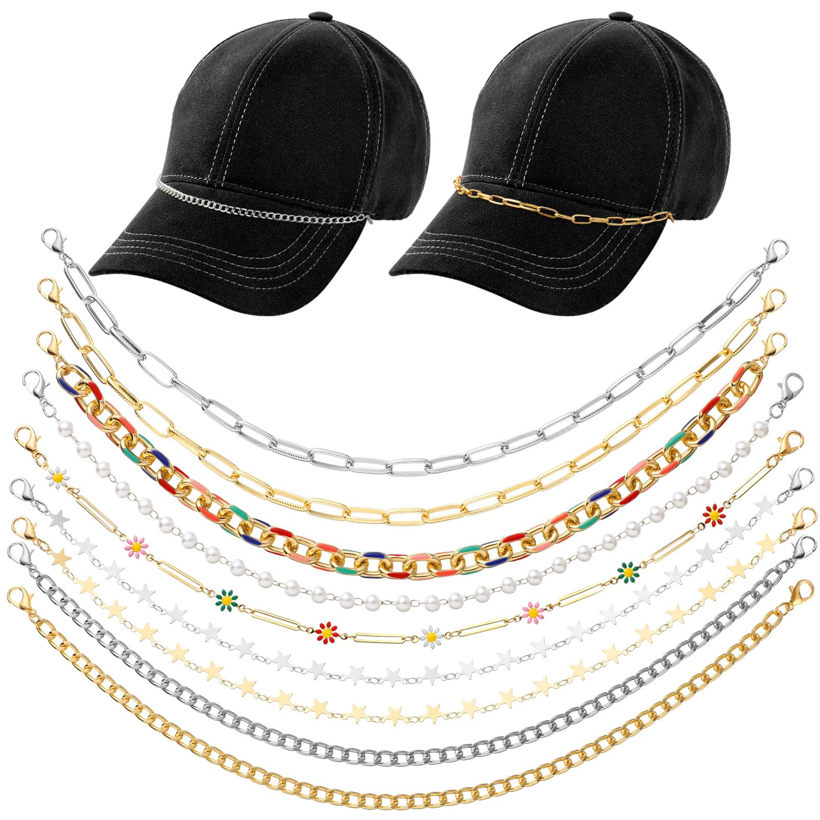 Geyoga 9 Pcs Trucker Hat Chains Trucker Hat Charms Women Man Bill Decoration Detachable DIY Metal Chain for Mesh Baseball Cap(Multicolor,Star Style)