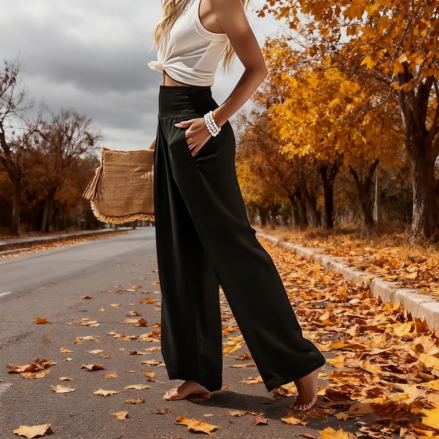 Women's High Waisted Wide Leg Palazzo Pants for Casual - Trousers Flowy Pants with Pockets Beach Lounge Trousers - Image 4