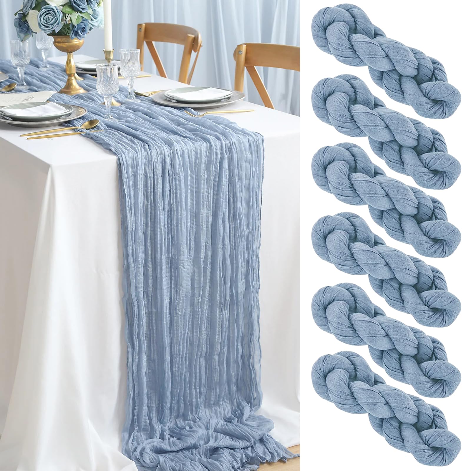 yosiio Camino de Mesa Azul, 6 Piezas 90 x 300 cm Camino de Mesa Moderno, Camino Mesa Lavable, Camino de Mesa de Tela de Queso Rústica, Mesa Boda de Gasa para Bodas, Cumpleaños, Comunión