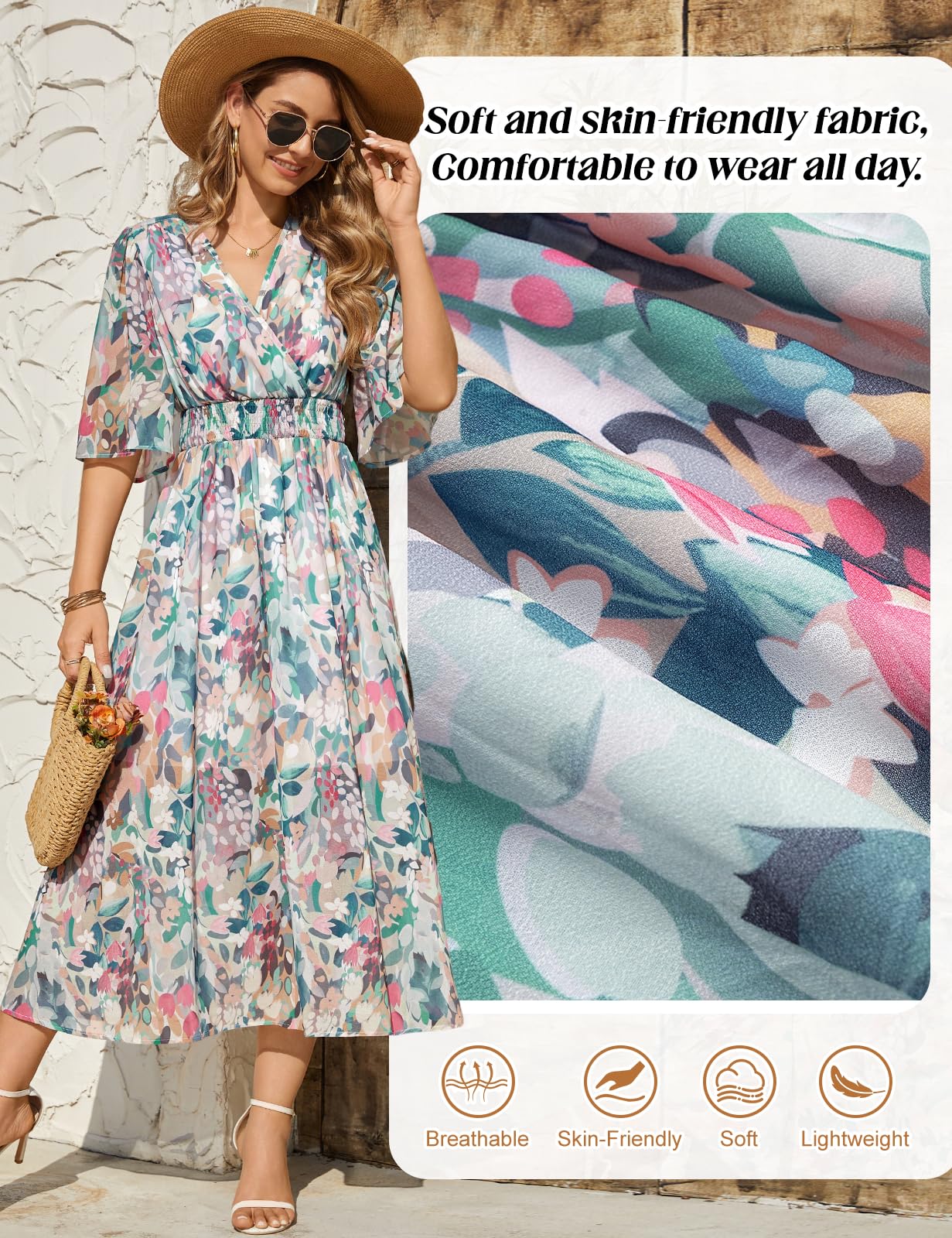 Abiti Donna Estivi Vestiti Manica Corta Vestito Lungo Elegante Scollo a V Boho Stampa Floreale Elastico a Vita Alta Abito da Mare Spiaggia Casual Cocktail Party