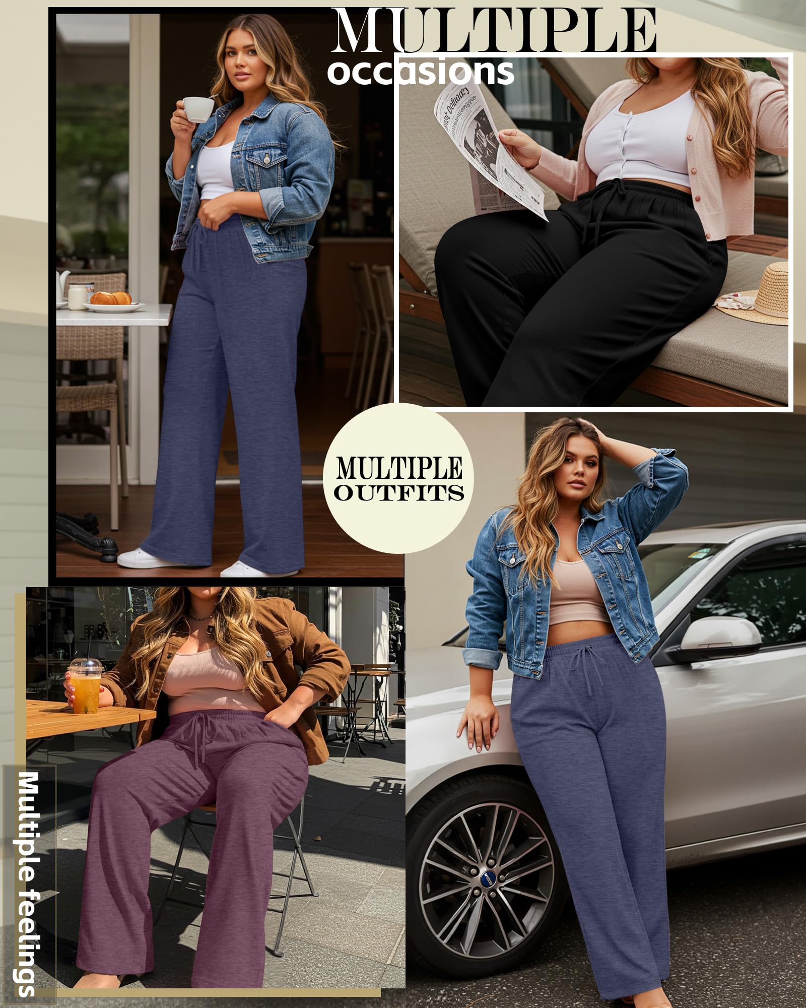 Neer Confezione da 3 pantaloni sportivi da donna, taglie forti, a gamba larga, a vita alta, con coulisse, per yoga, lounge, pantaloni aperti con tasche