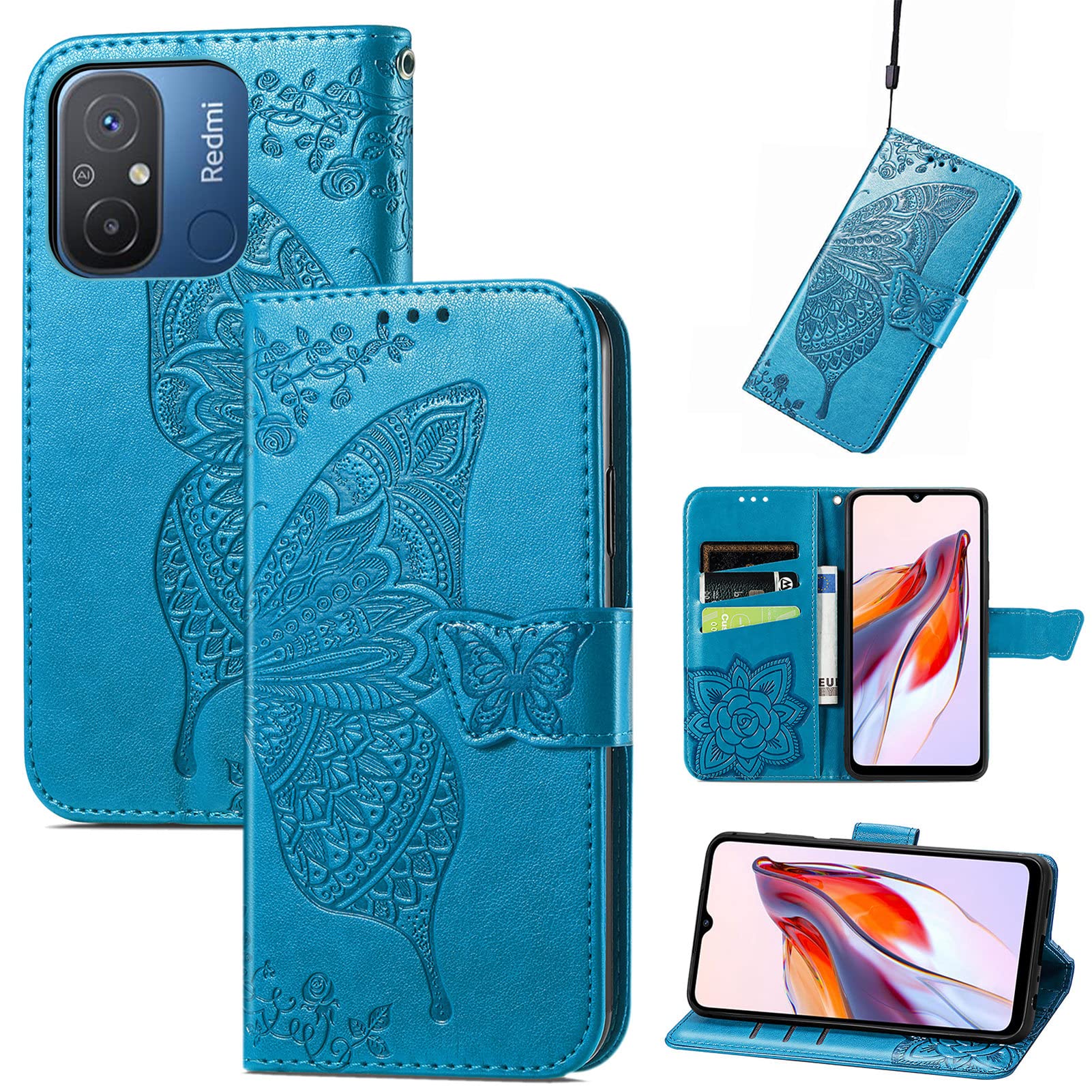 WBWONE Custodia A Libro In Pelle Con Farfalla Per Xiaomi Redmi 12C / 11A - Portafoglio Con Slot Carte E Supporto - Grigio