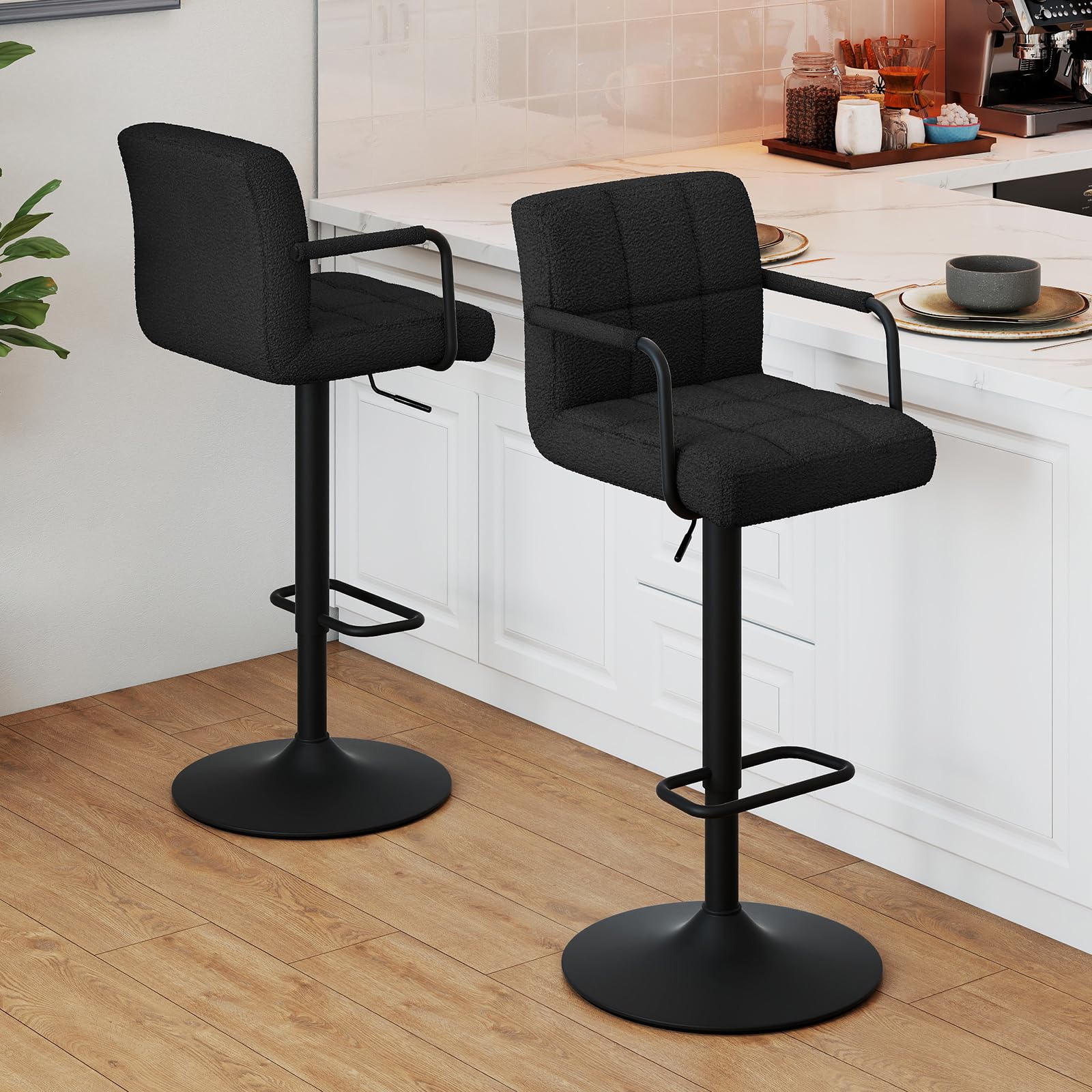 Barhocker 2er-Set, Höhenverstellbarer Barstuhl 360° Drehstuhl Küchenstuhl, Barhocker mit Lehne und Armlehne, Verstellbarer Hydraulische Hocker für Küche und Esszimmer, Kunstfell Schwarz
