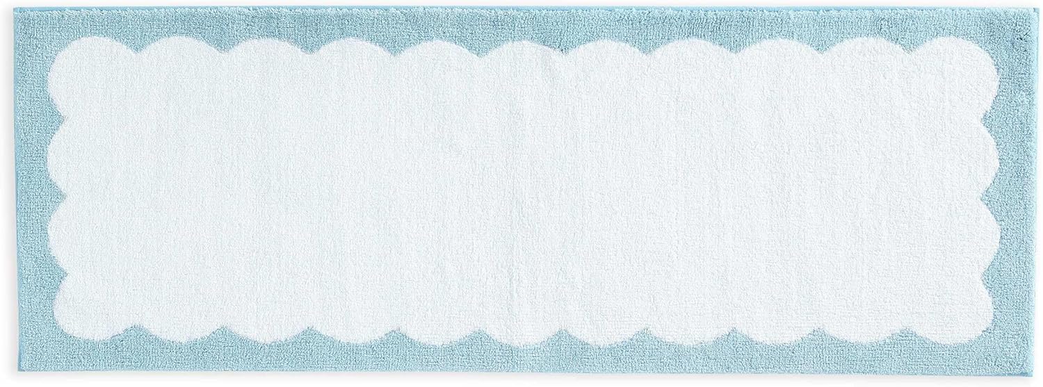Martha Stewart – Bath Rug, Plush 100% Yarn-Dye Knit Rug, Soft Cushioned Feel Bathroom Rug with Skid-Resistant Latex Rubber Backing (Bedford Scallop White/Blue Bell, 60" x 22")