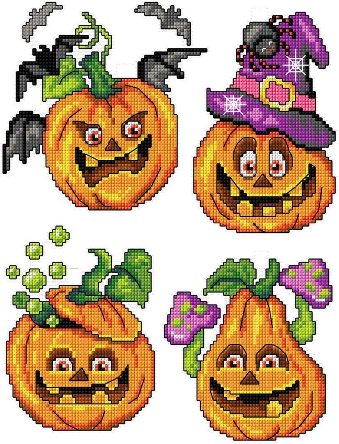 Counted Cross-Stitch Kit on Plastic Canvas with Halloween Pumpkins. 4 Allhallows Eve Ornaments Different Dimensions 126CS. Perfect for Embroidery & Needlework Amateurs