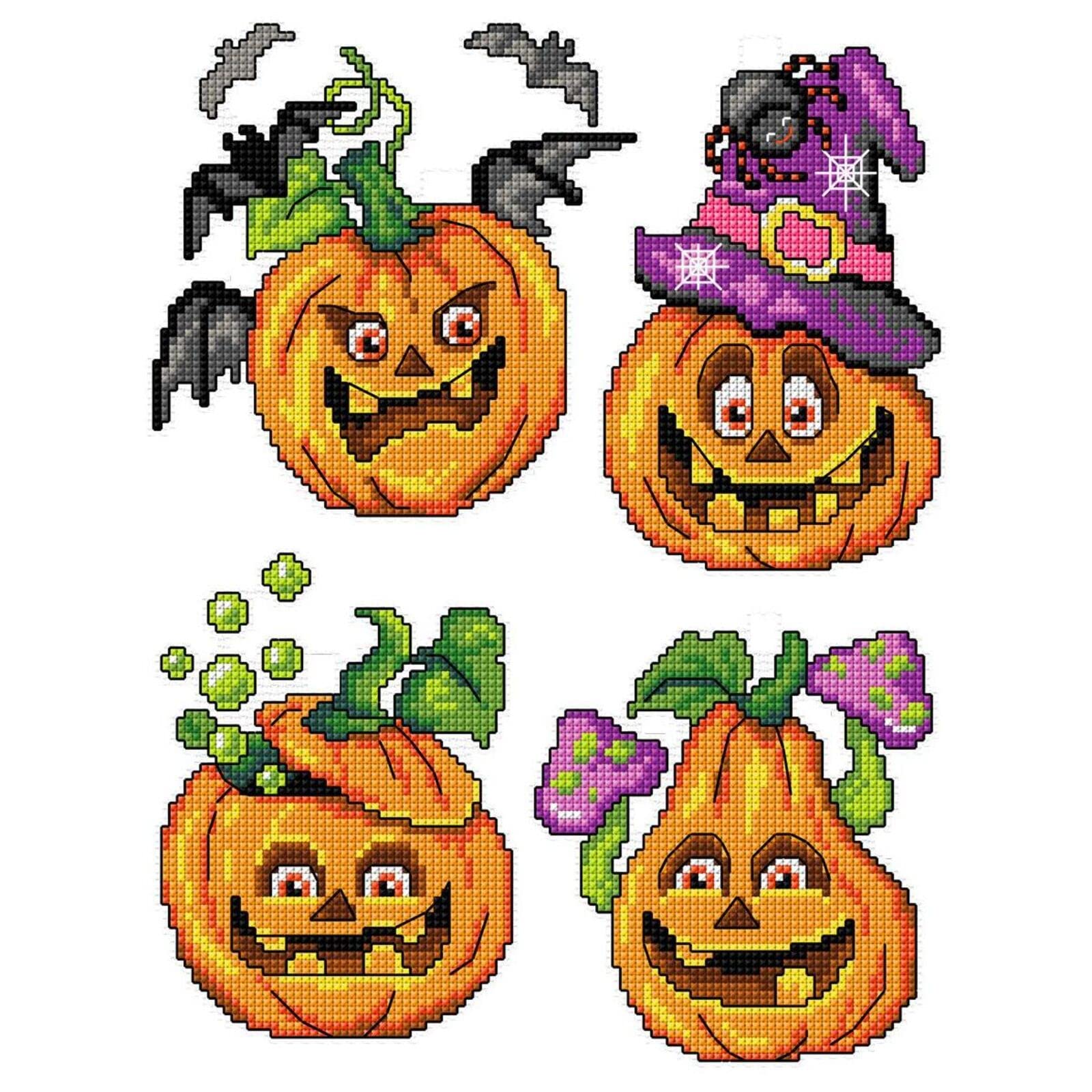 Crafting Spark Multicolored Counted Cross-Stitch Kit On Plastic Canvas With Halloween Pumpkins. 4 Allhallows Eve Ornaments Different Dimensions 126Cs. Perfect For Embroidery & Needlework Amateurs