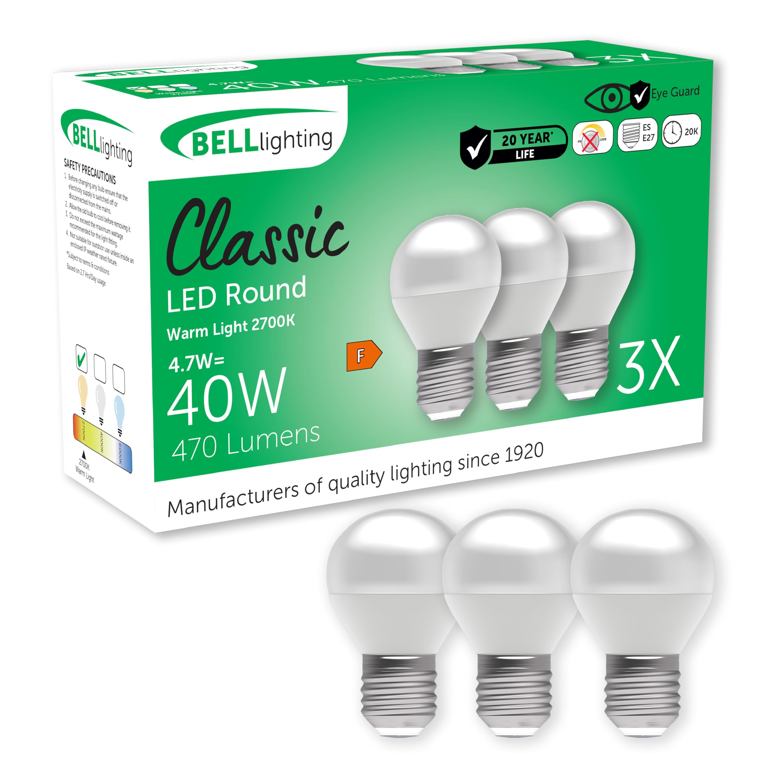 BELL Lighting E27 Edison Screw Cap Non Dimmable Light Bulb LED Golf Ball 3 Pack | Warm White 2700K | 470 Lumen 4.7W | Energy Saving Round LED Light Bulb | 40W Lamp Equivalent
