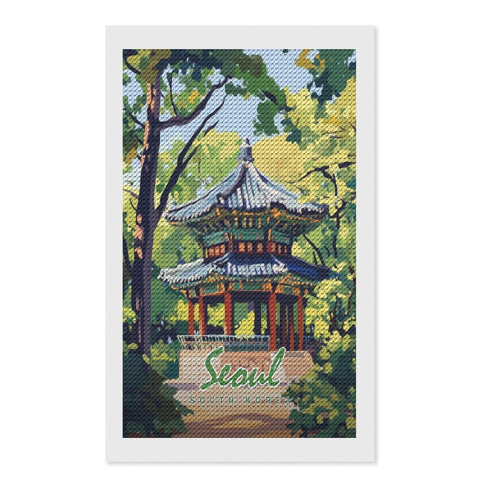 Junmoney Seoul Pagoda Illustration DIY Diamond Art Canvas Kit 12"x20", for Teens, Aesthetic Room Decor, Farmhouse Decor, Canvas Picture, Birthday Gift