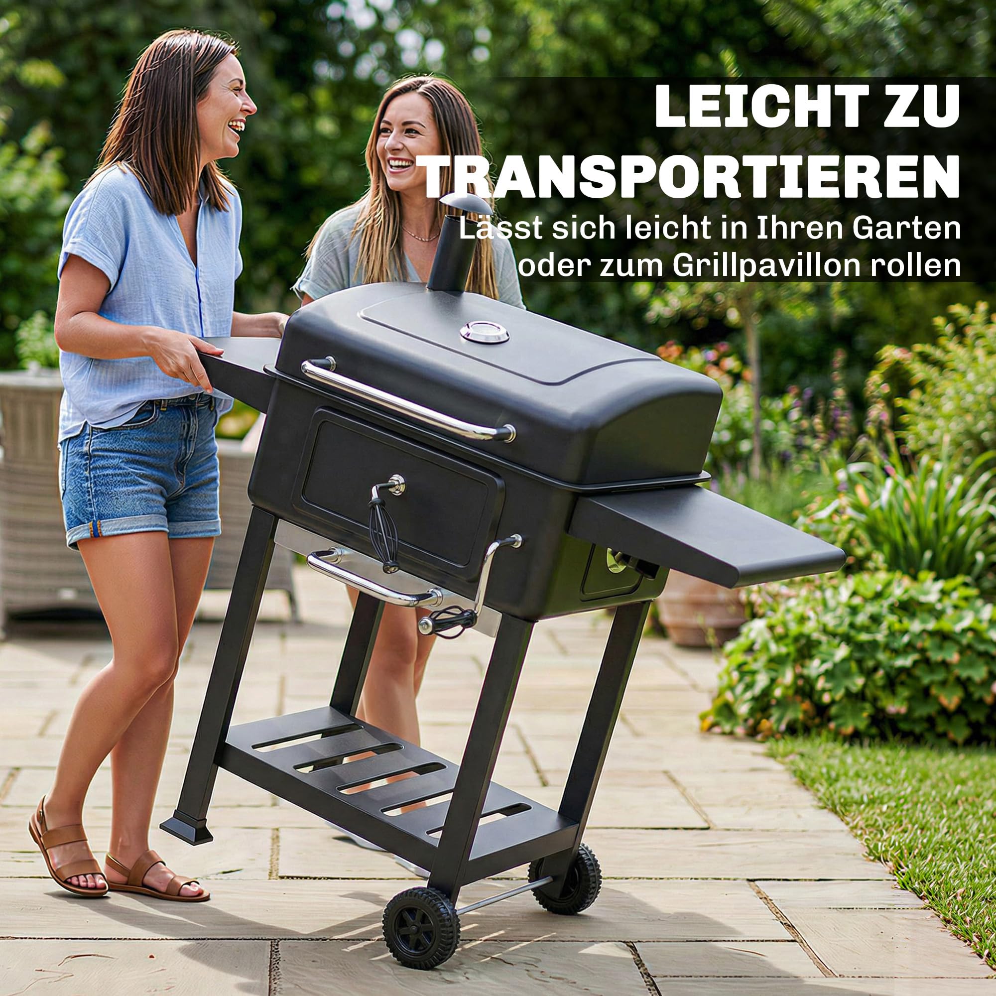 Outsunny Grill węglowy BBQ Smoker z pokrywą, termometrem, regulowaną wysokością węgla, kominem, rusztem, boczną półką i tacką na popiół, grill na kółkach do ogrodu i kempingu