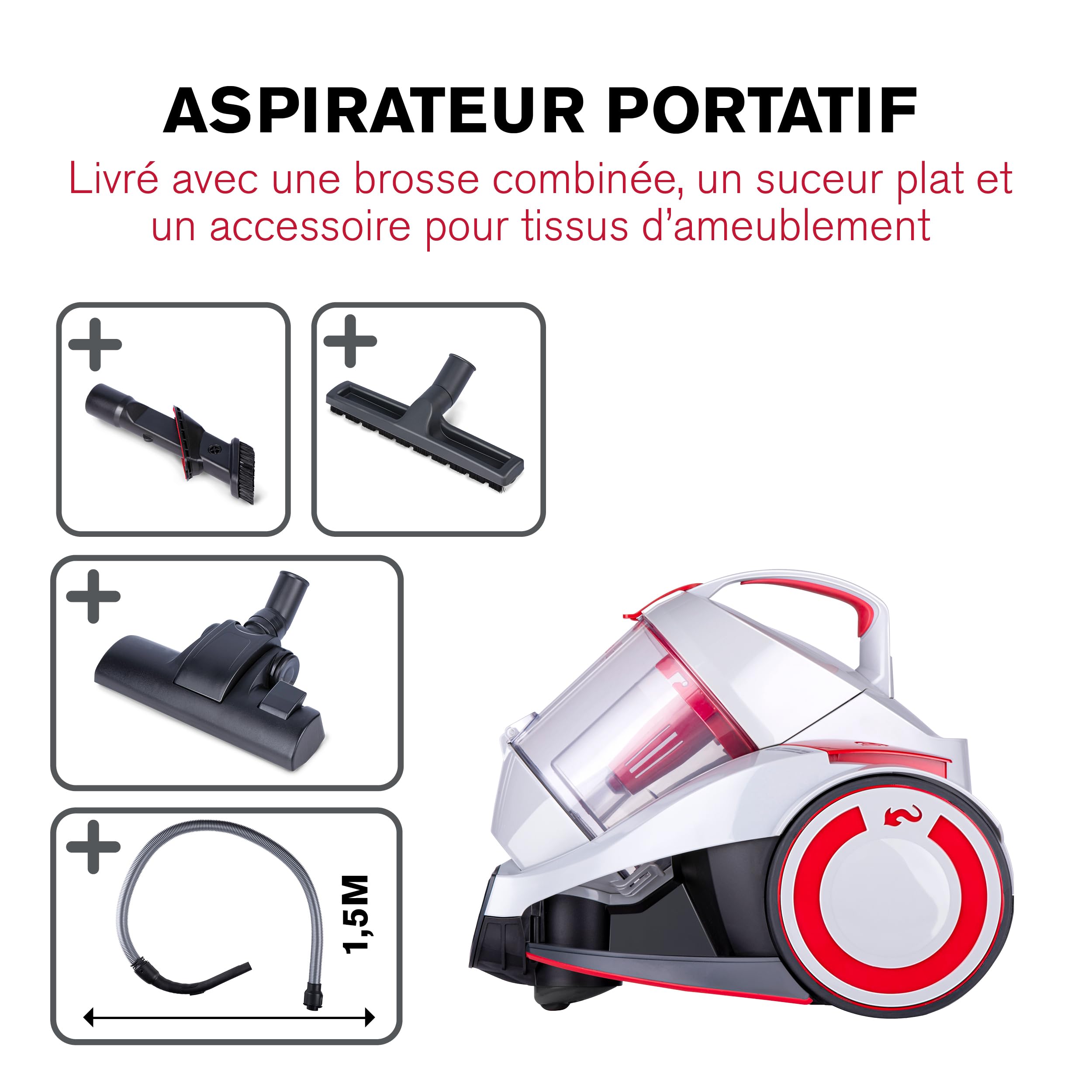 Dirt Devil Aspirateur DD2502 700 W Filtre HEPA 12, brosse combinée, buse coins-parquet, réservoir 1,8 l