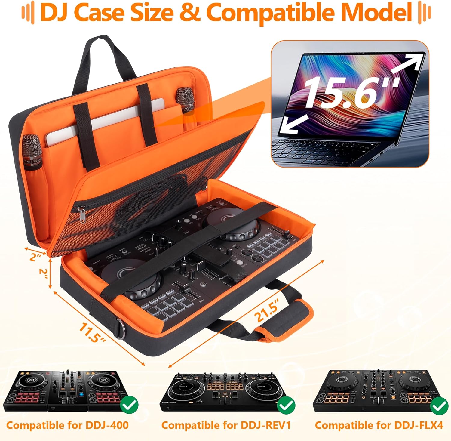 Padded DJ Controller Case Compatible with DDJ FLX4/DJ 400/DDJ REV1, DJ Carrying Bag with 5-Pocket fits up to 15.6'' Laptop, Headphones, Cables, with Adjustable Shoulder Strap, 21.5"x11.8"x2.5"