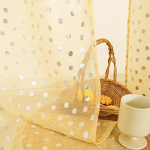 Deeprove Juego de 2 paneles de cortinas traslúcidas amarillas de 84 pulgadas de largo, estampado de lunares metálicos plateados, tratamientos de