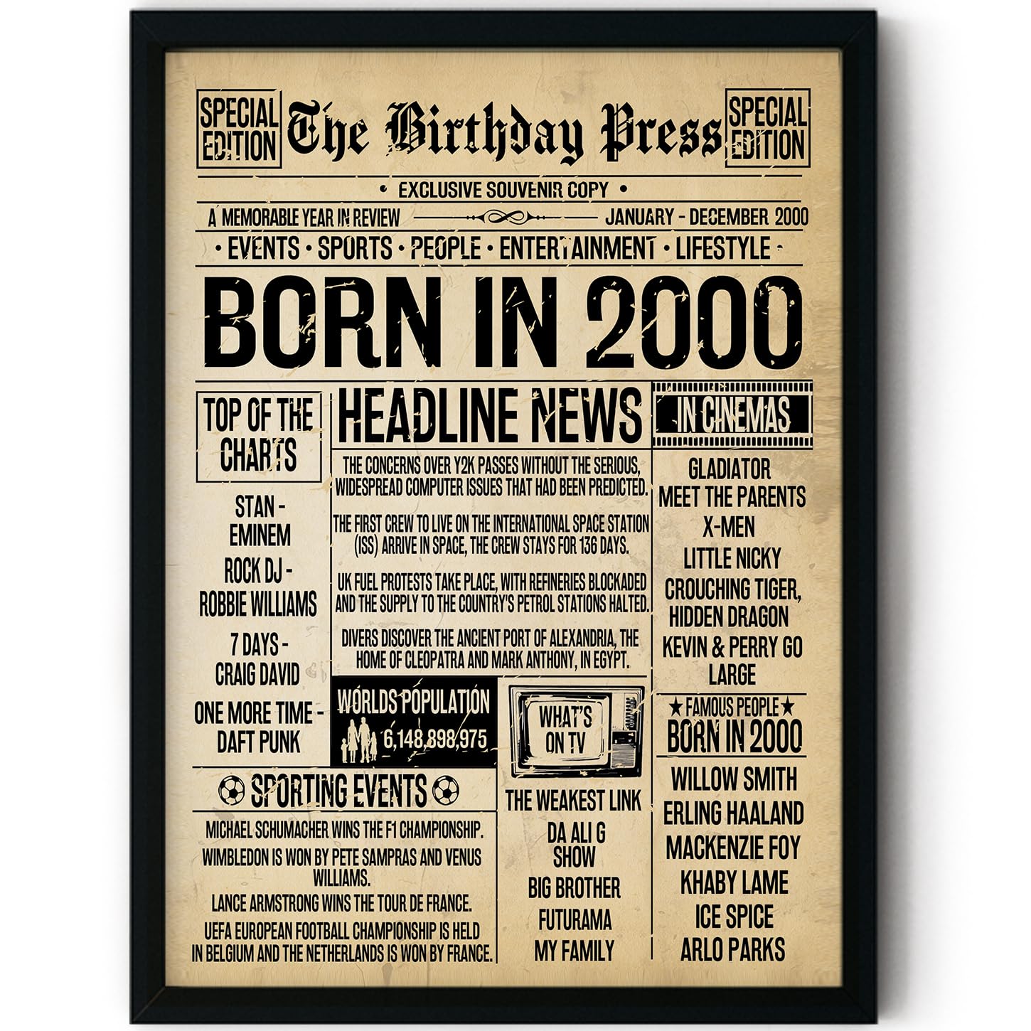 Stuff4 26th Birthday Poster Framed - Born In 2000 Vintage Newspaper - Happy 26th Birthday Gifts for Women Men Retro Back In 2000, 8x10 Inch Decor Decoration Bday Party