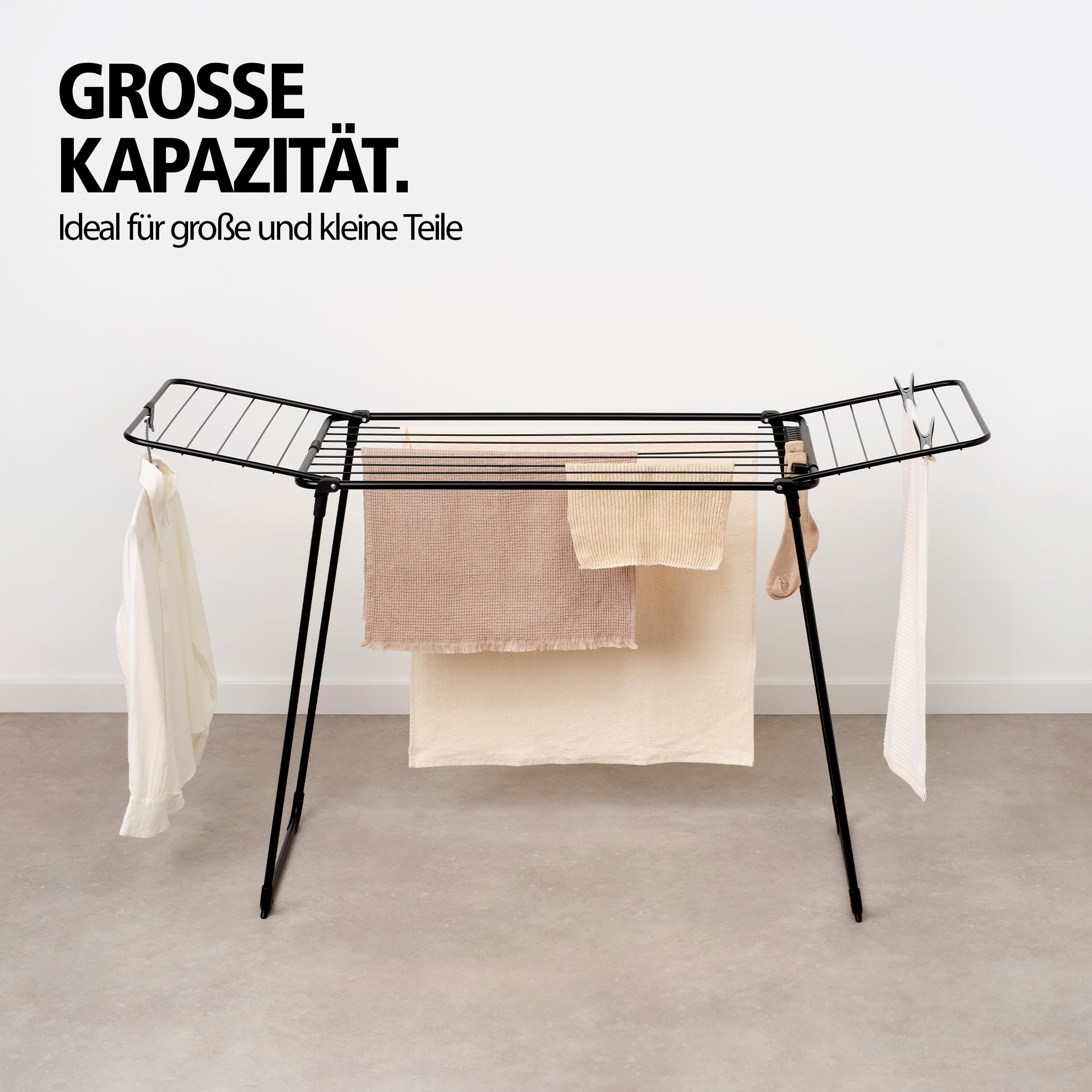 Brabantia HangOn Drying Rack, 18 m (Mattschwarz), Standtrockner mit Trockenfläche bis zu Zwei Waschladungen, Wäscheständer platzsparend, zusammenfaltbar, für große und kleine Wäschestöcke