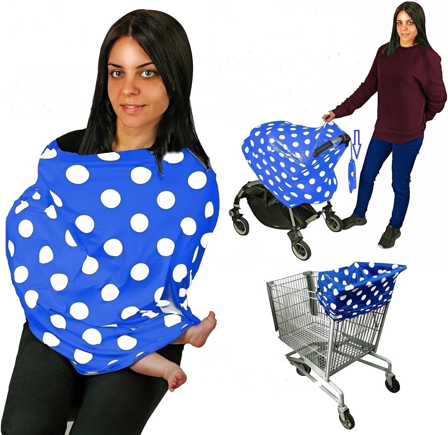 Nursing Breastfeeding Scarf Protection, Face Shield, Car Seat Cover, Stroller Canopy, Shopping Cart, Hi-Chair. Soft Fabric (Royal Dots)