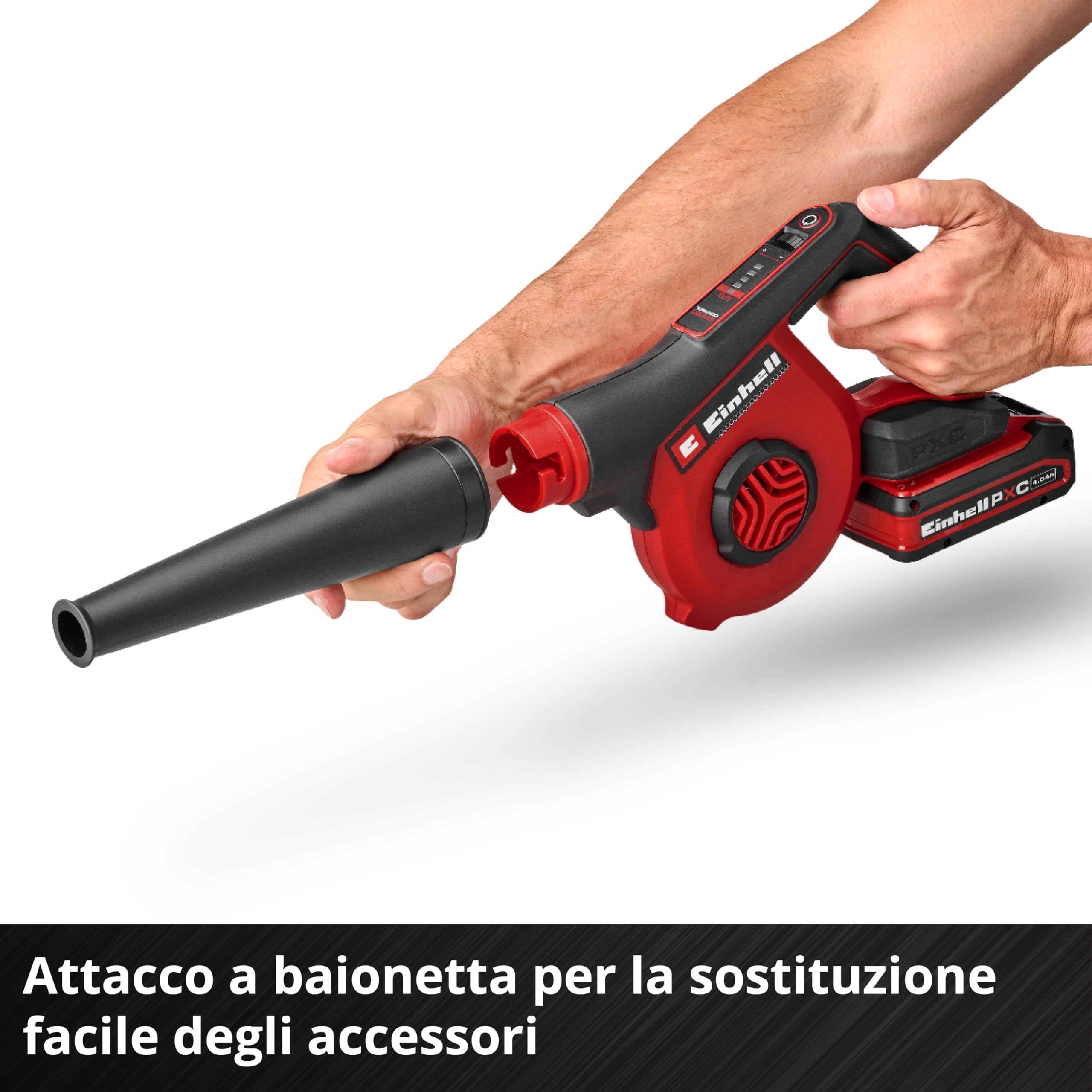 Soffiatore a batteria Einhell TE-CB 18/270 Li - Solo Power X-Change (18 V, max. 270 km/h velocità dell'aria, 5 livelli, incl. prolunga, bocchetta standard, piatto, foro, senza batteria)