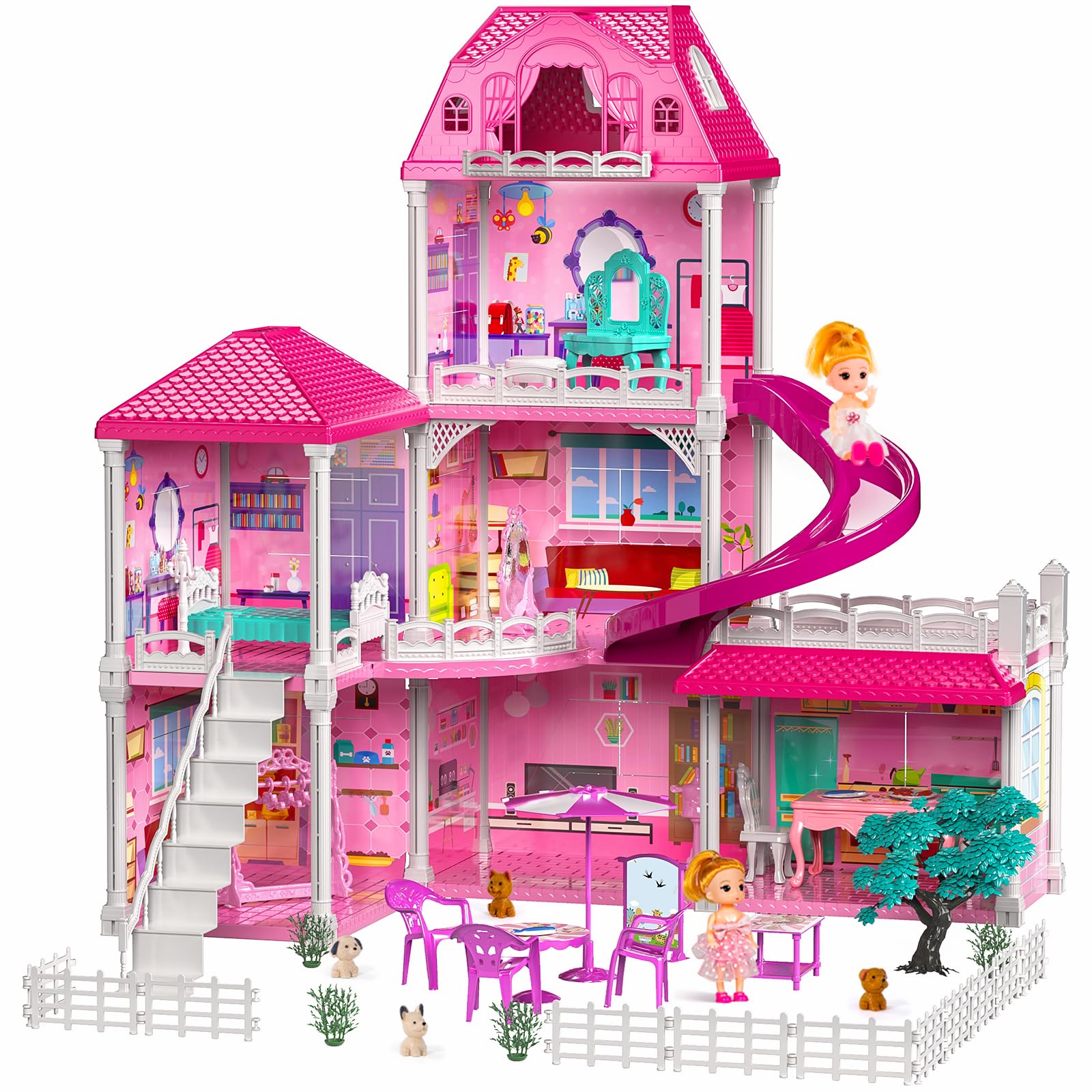 TEMI ドールハウス 幼児用おもちゃ 3 4 5 6歳 女の子用 - 3階建て 6ルーム プレイハウス 人形2体付き ドリームハウス ドールハウス 7 – 8 女の子 男の子 おもちゃ 対象年齢3歳以上