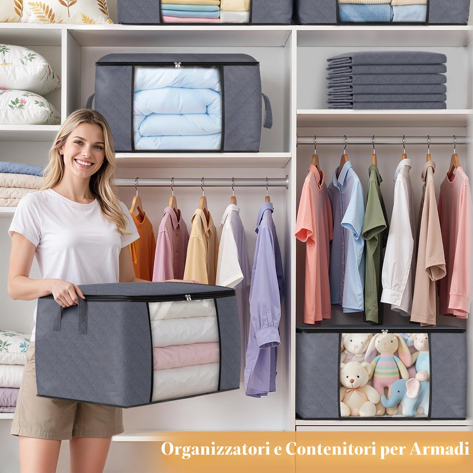 Fab totes Confezione da 6 contenitori per vestiti, pieghevoli, in tessuto spesso, per organizzare camera da letto, armadio, vestiti, piumone, organizzazione e conservazione con manico, grigio