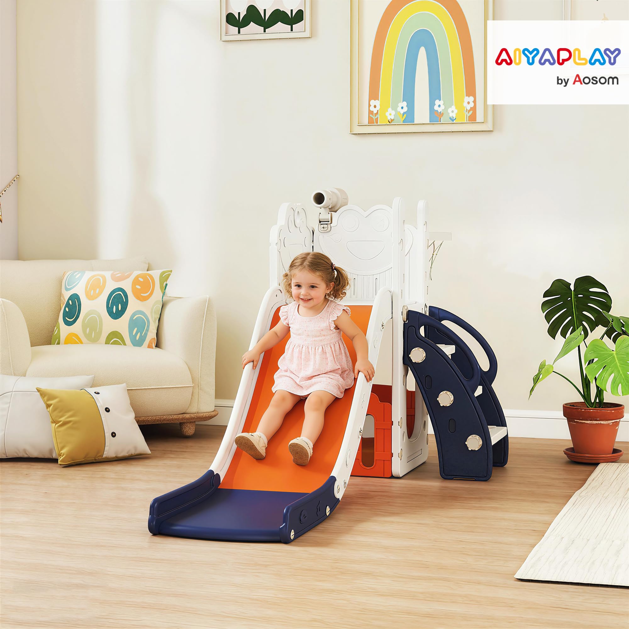 AIYAPLAY Set Scivolo per Bambini 5 in 1 con Canestro, 1-3 Anni Blu scuro | Scaletta, Telescopio Giocattolo e Contenitore, Giochi per Bambini da Interno ed Esterno