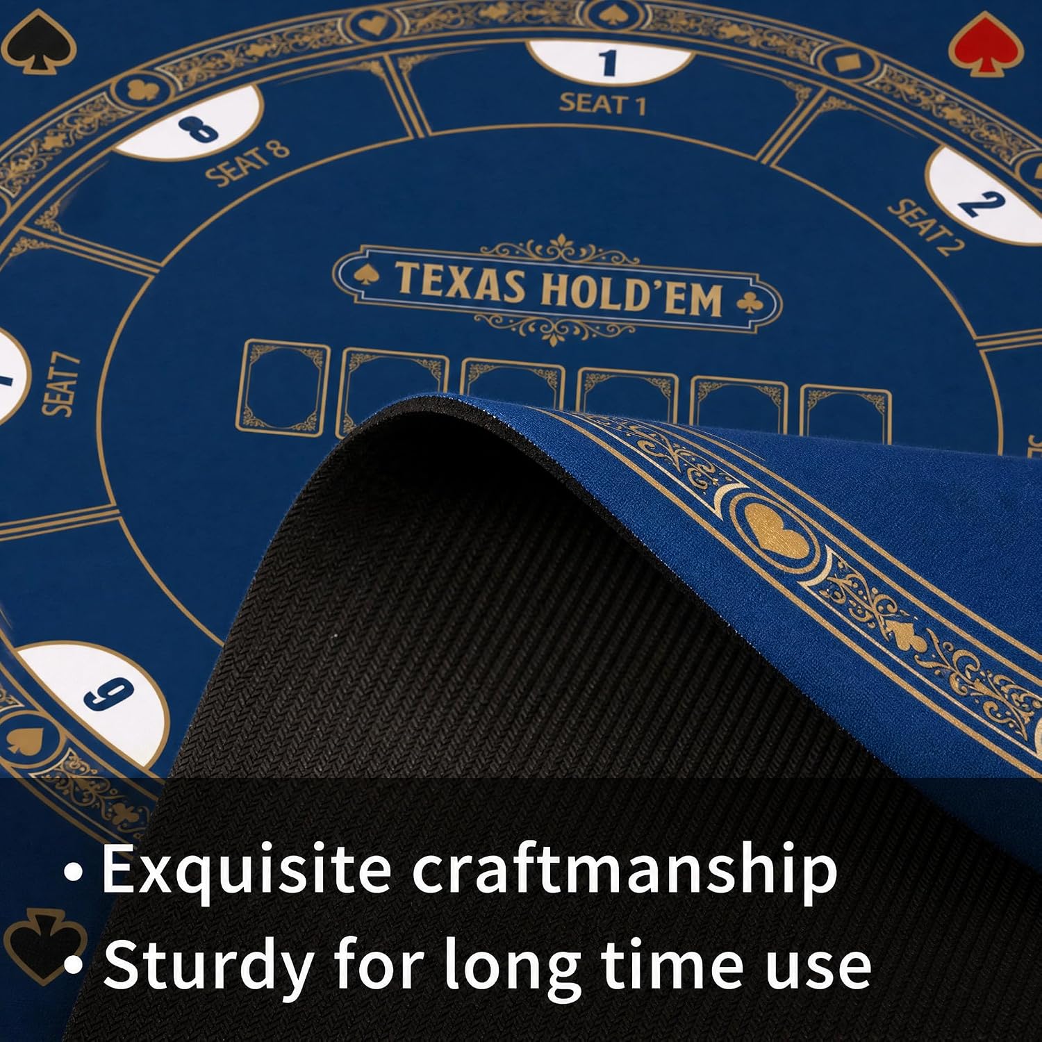 48"Round Poker Table Mat Texas Hold'em Casino Card Game Table Top Blue | 9 Player Numbered Layout, Smooth Multispandex Surface with Anti-Slip Base, Portable Poker Card Game Mat for Round Tables
