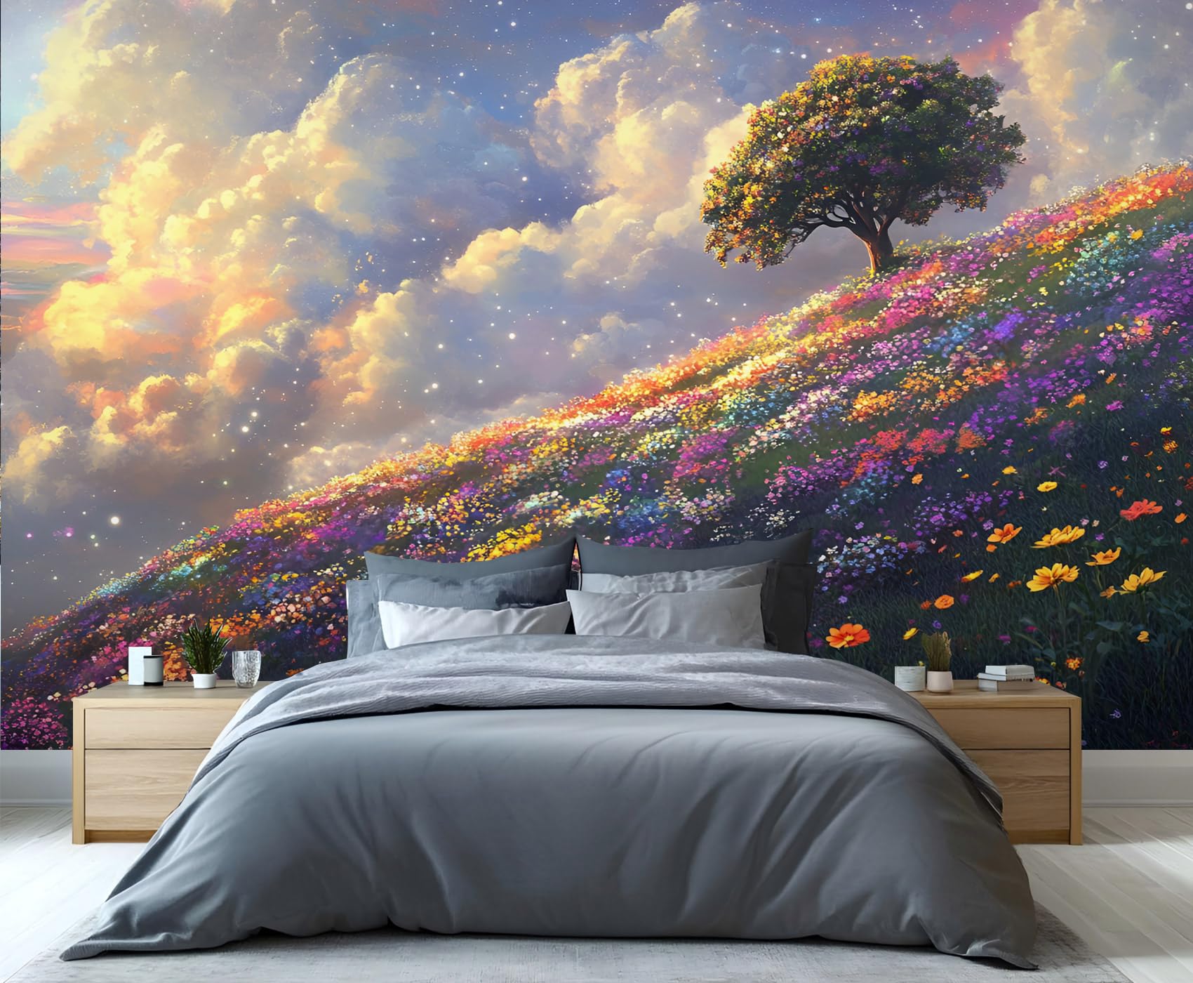 YXQAIED Floral Wallpaper, Sky Landscape Wallpaper Mural, Natural Wildflowers Wallpapers for Bedroom Living Room, Not Self-Adhesive Home Decor 3D Wall Murals