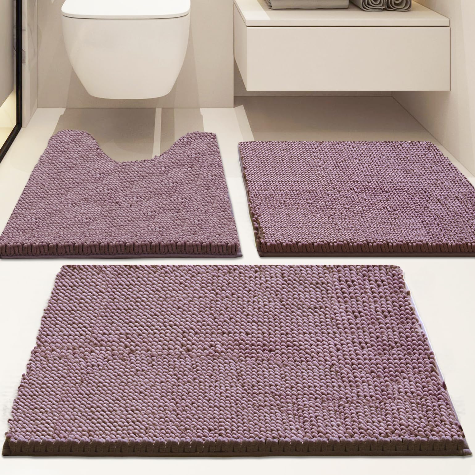 AINAHYVA Bathroom Rugs Chenille Bath mat 3 Piece Set, Super Absorbent, Strong PVC Non Slip, Bath mats for Bathroom, Plush Shaggy, Thick, Machine