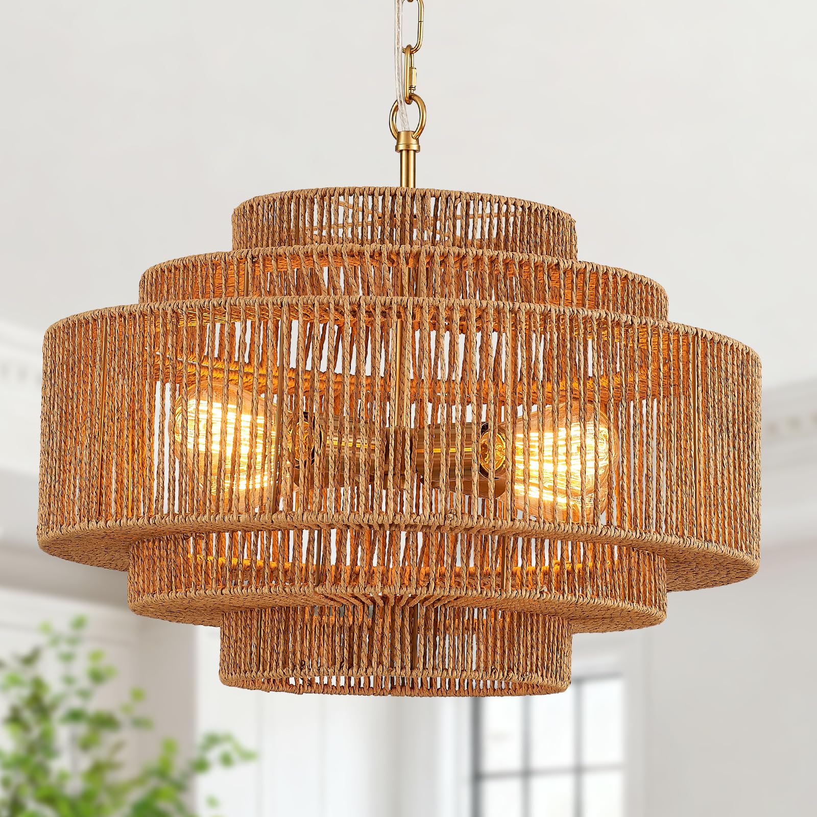 Tunkayli Hand-Woven Rattan Chandelier Dining Room Boho Chandelier 20in Bamboo Farmhouse Chandeliers 4-Light Vintage Light Fixtures Golden Chandeliers