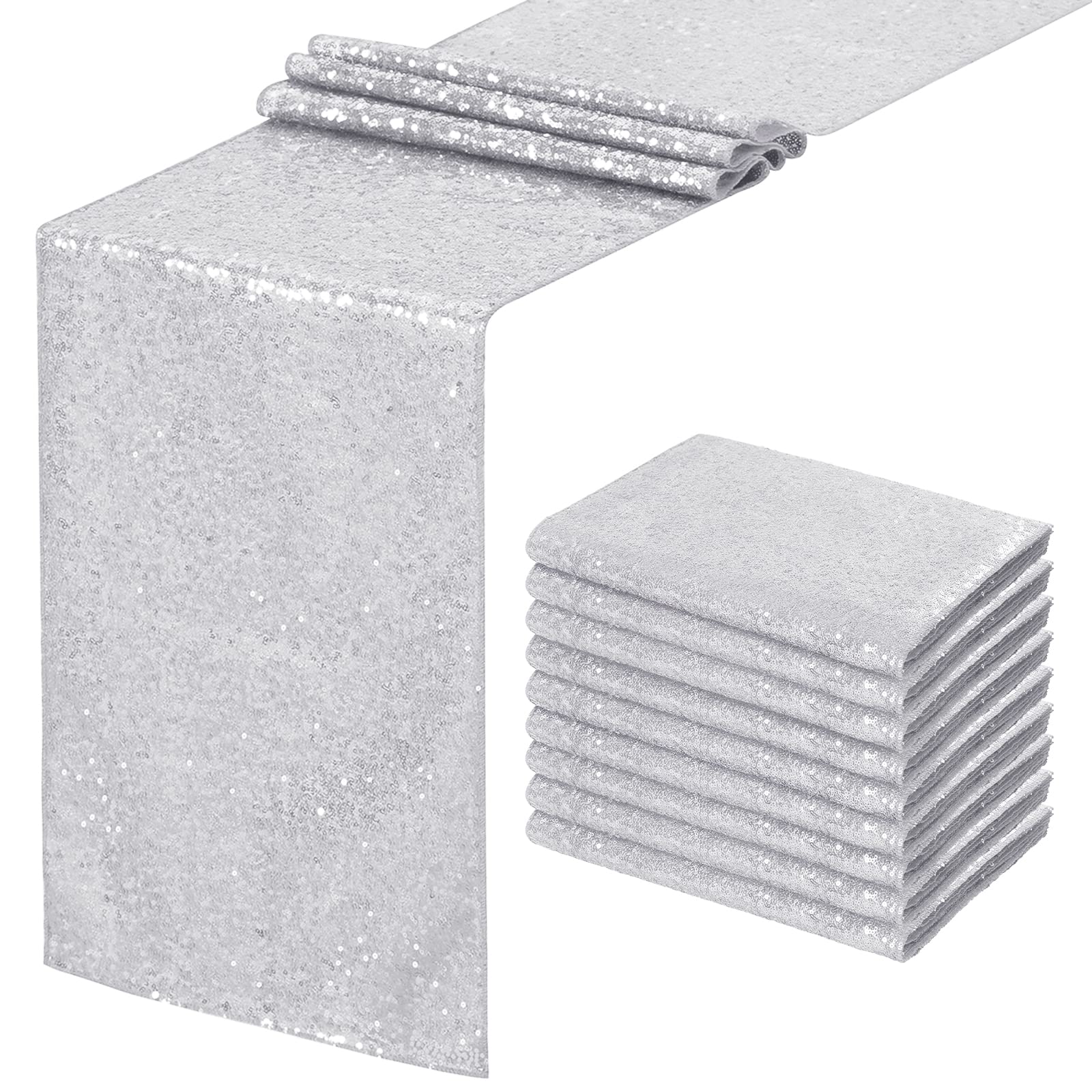 Silver Sequin Table Runners 10 Packs 12x108 Inches Holiday Celebration Sparkly Table Runners for Birthday Party Supplies Decorations