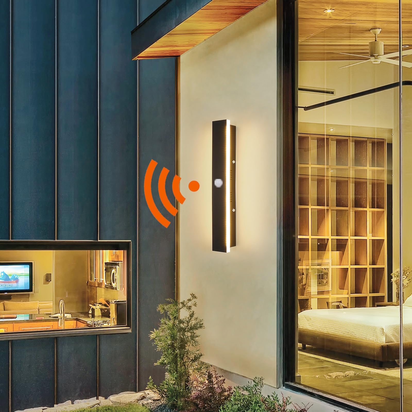 Wandbeleuchtung mit Bewegungsmelder LED Wasserdicht IP65 Lang Modern Schwarz Aussenleuchten Wandleuchte Innen Aussen Wohnzimmer Schlafzimmer Terrassen GeschäFte (Neutrales Licht,60CM)