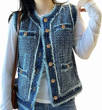 Womens Retro Hook Flower Fur Edge Tweed Denim Vest Sleeveless Tassel Single-Breasted Denim Jackets With Pockets
