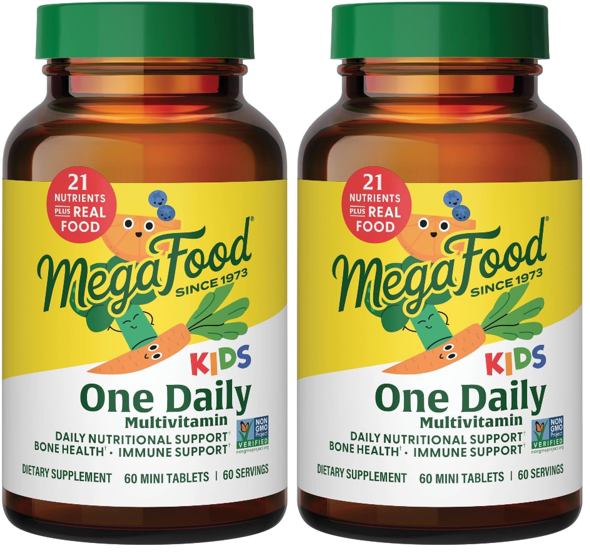 MegaFood Kids One Daily Multivitamin - Convenient Mini Multivitamin for Kids - with Zinc, Vitamins C, B & D - Vegetarian, Gluten Free, Non GMO - 60 Tablets, 60 Servings (Pack of 2) 60 Count (Pack of 2)