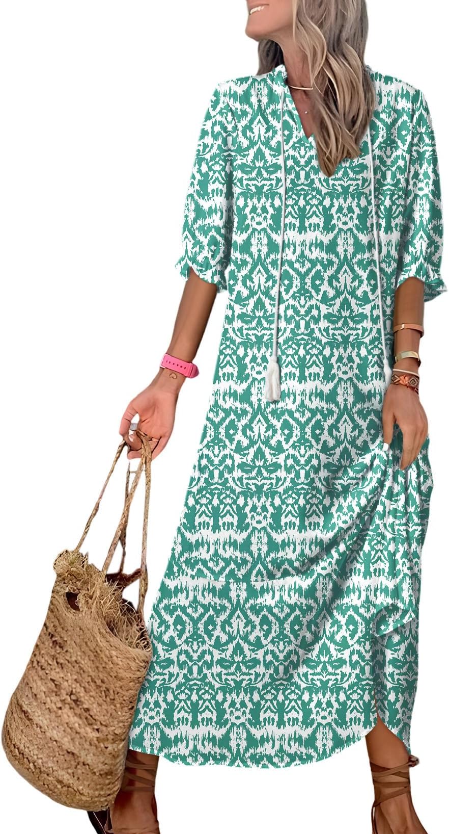 Dokotoo Women Boho Summer Dress 2024 Frill Short Sleeve Tassel V Neck Ruffle Flowy A-Line Maxi Dresses