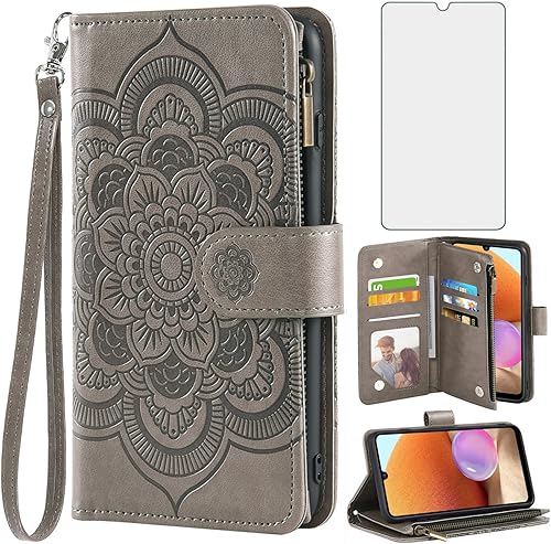 Asuwish Funda tipo cartera compatible con Samsung Galaxy A32 4G de 6.4 pulgadas y protector de pantalla de vidrio templado, funda de cuero con tapa