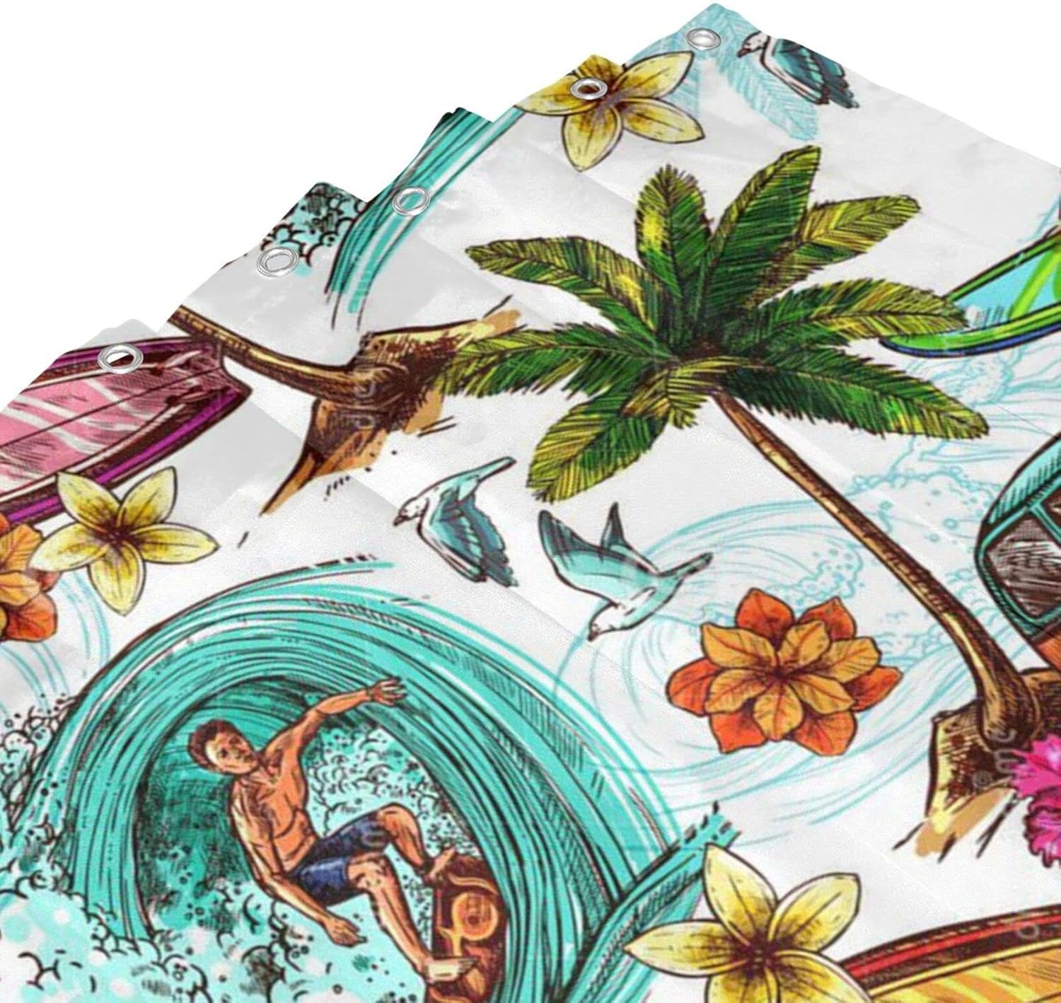 Hawaiian Surfer Retro Palm Trees Flowers Surf Boards Print Home Decor Shower Curtain Waterproof Bathroom Shower Curtain Quality Polyester Bathroom Shower Curtain Set with Hooks 72" X 72"