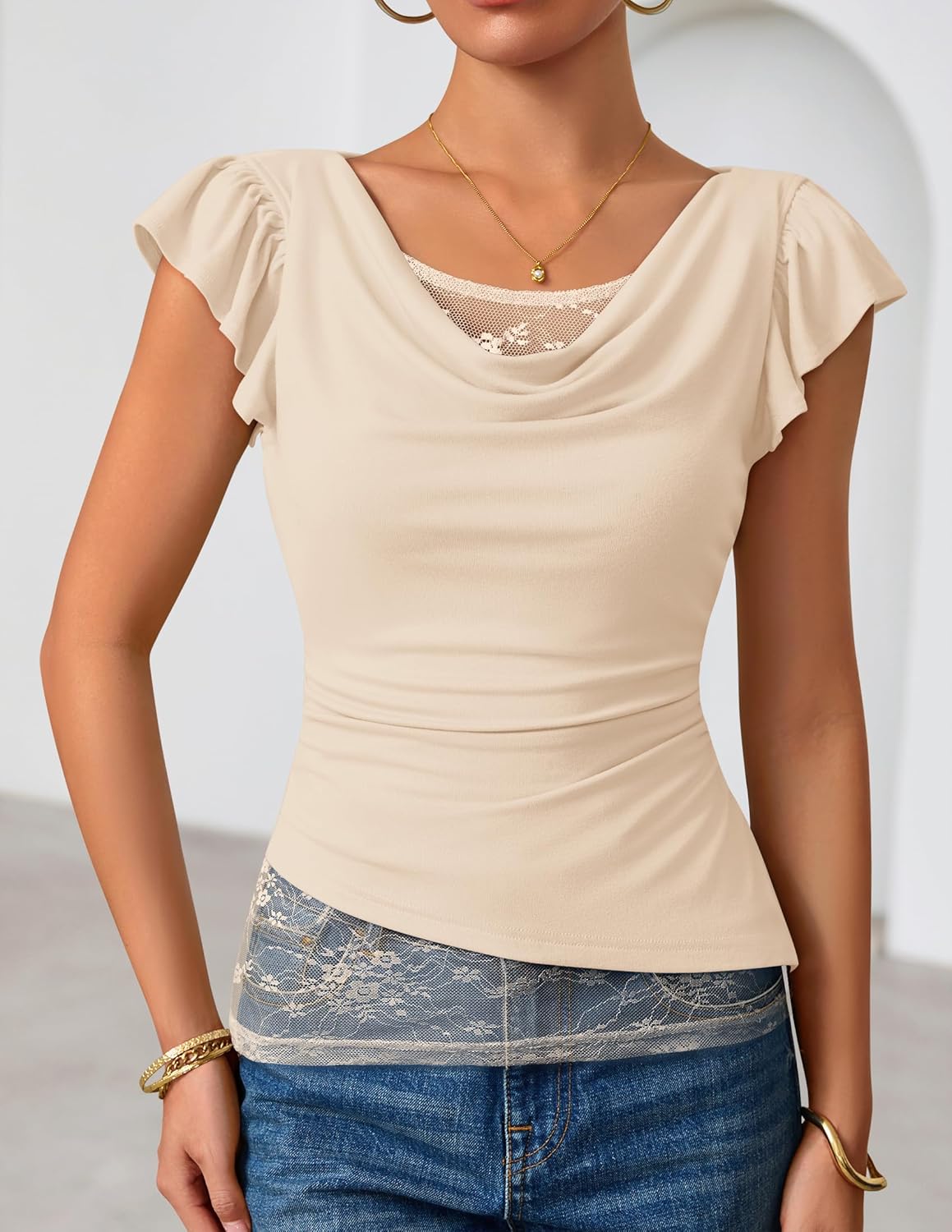 ZESICA Women's Summer Ruffle Short Sleeve Lace Tops Cowl Neck Solid Color Trendy Work Shirts Going Out Blouses - Image 4