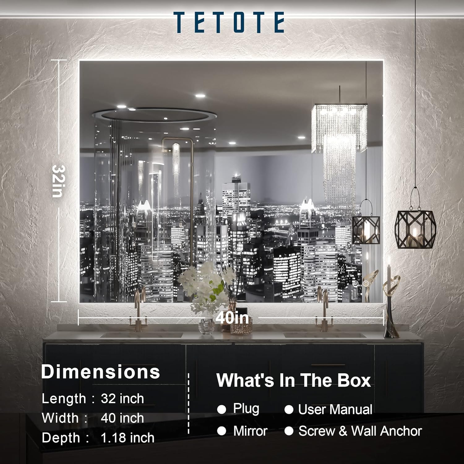 TETOTE LED Backlit Bathroom Mirror showing wall switch recommendation and memory function