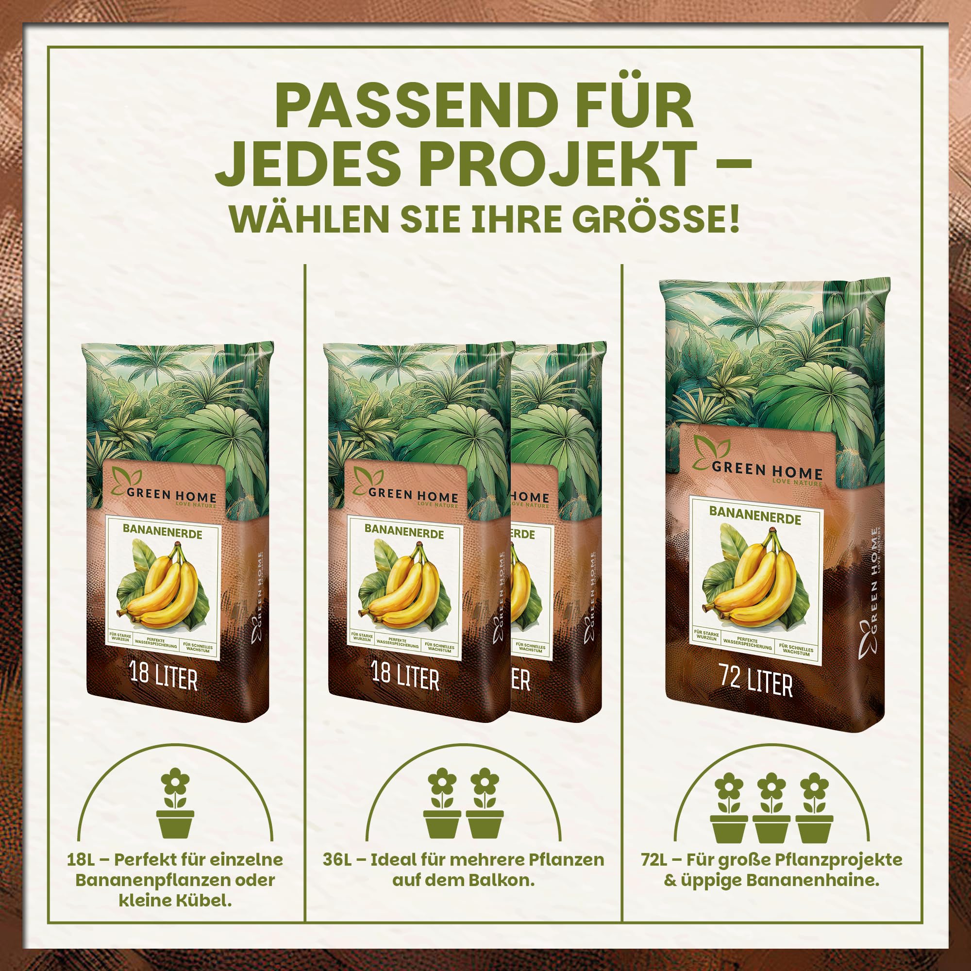Green Home Bananenerde 72L - Erde für Bananen & Tropenpflanzen |Pflanzerde mit Langzeitdünger | Mit Perlite, Kokosfasern & Rindenhumus | Erde für Hochbeet, Kübel & Garten, pH 5,8