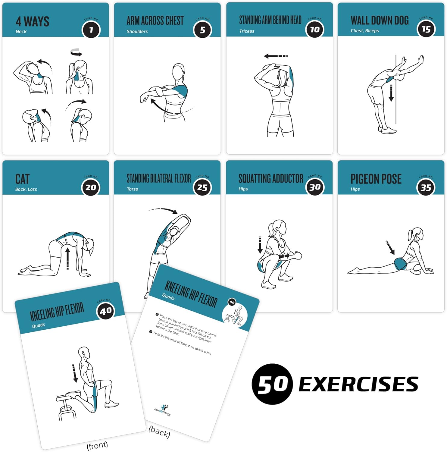 Stretching Flexibility Exercise Cards - 50 Stretching Exercises – Increase Flexibility – Prevent Muscle Strains, Promote Circulation + Speed up Recovery Time - Large, Durable Cards NewMe Fitness : Everything Else