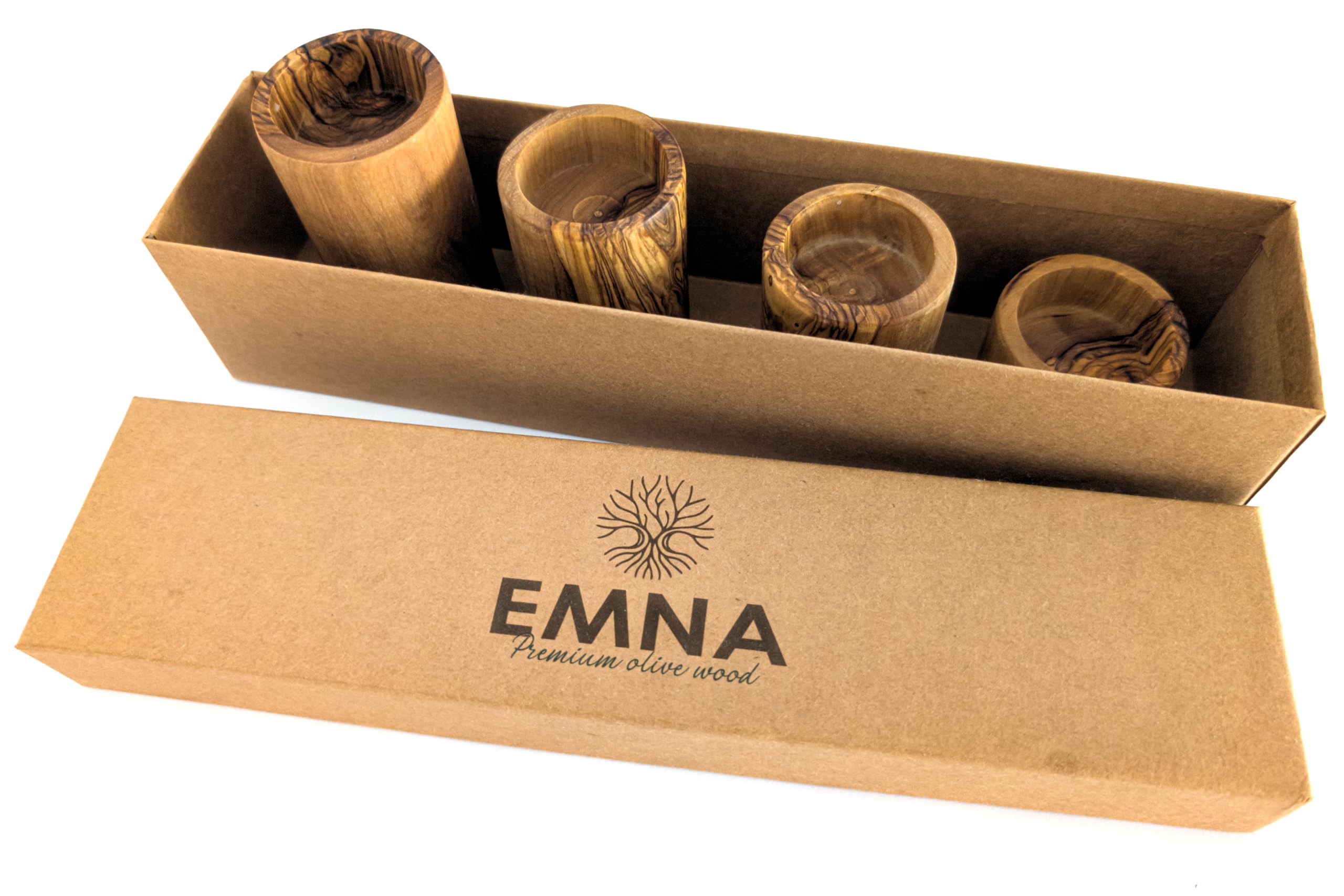 EMNA - Lot de 4 photophores en bois d'olivier de luxe | Hauteur : environ 4, 6, 8, 10 cm | Boîte cadeau incluse | Noël | Saint-Valentin | Support de bougie | Décoration romantique bien-être salle de