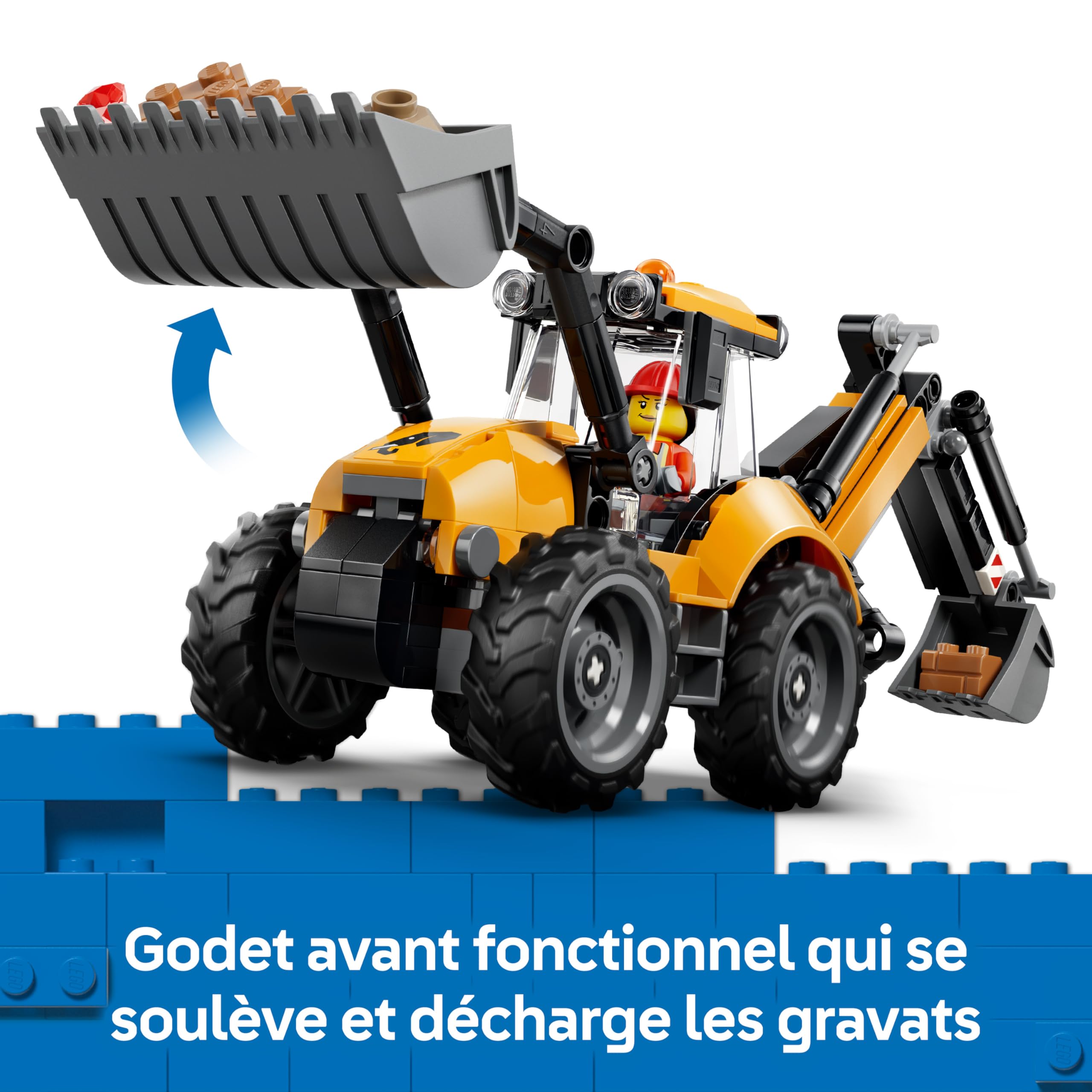 LEGO City Le Tractopelle Jaune - Camion Jouet - Véhicule de Construction - Tracteur avec 2 Minifigurines, Godet Fonctionnel Avant & Pelle Arrière - Idée Cadeau d'anniversaire pour Garçon 7 Ans 60480