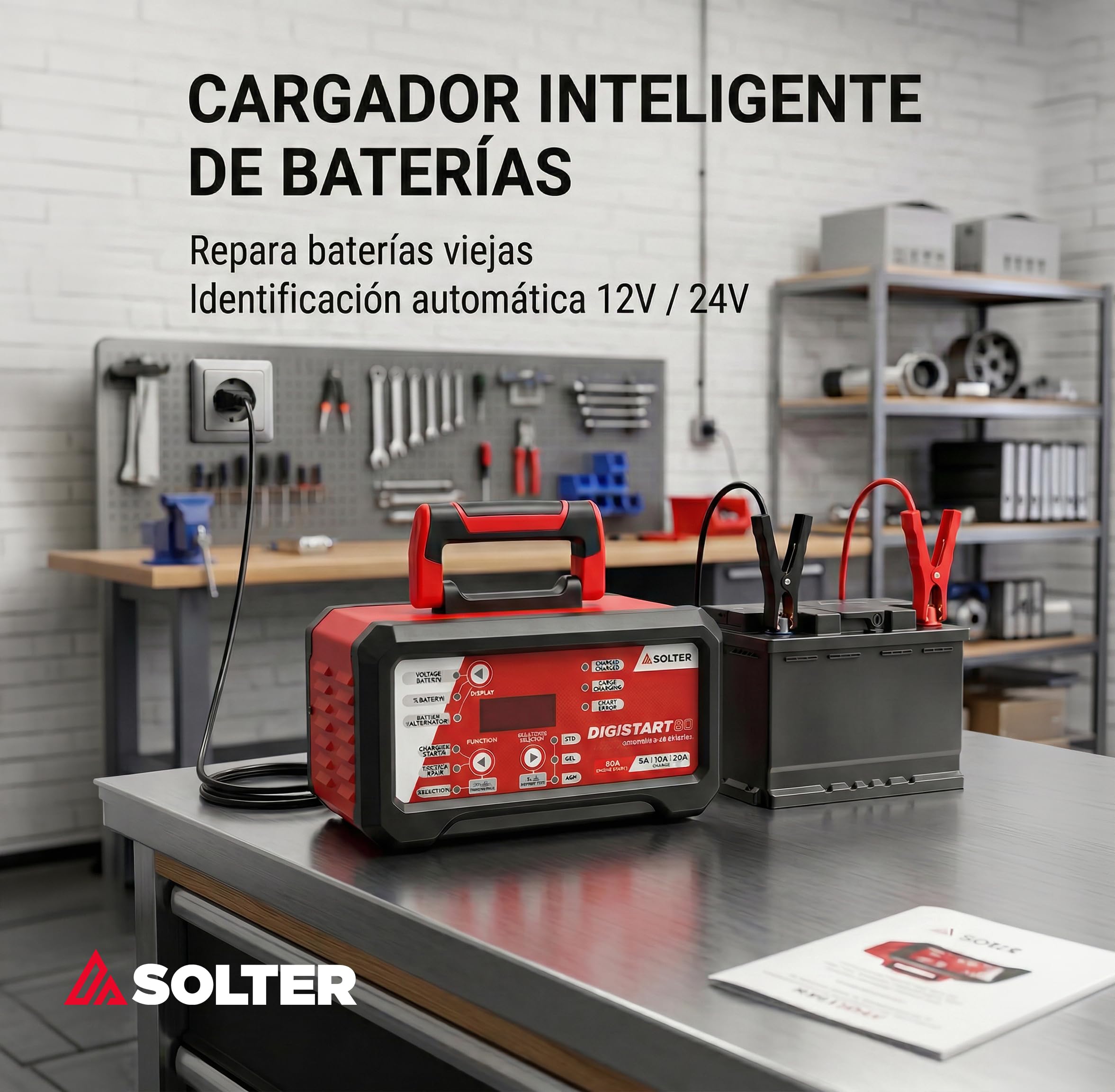 Solter Cargador arrancador baterías 12/24V, DIGISTART 80, Carga automática 10 etapas 5/10/20A, Arranque 80A 5 s, Modo reparación y Test alternador
