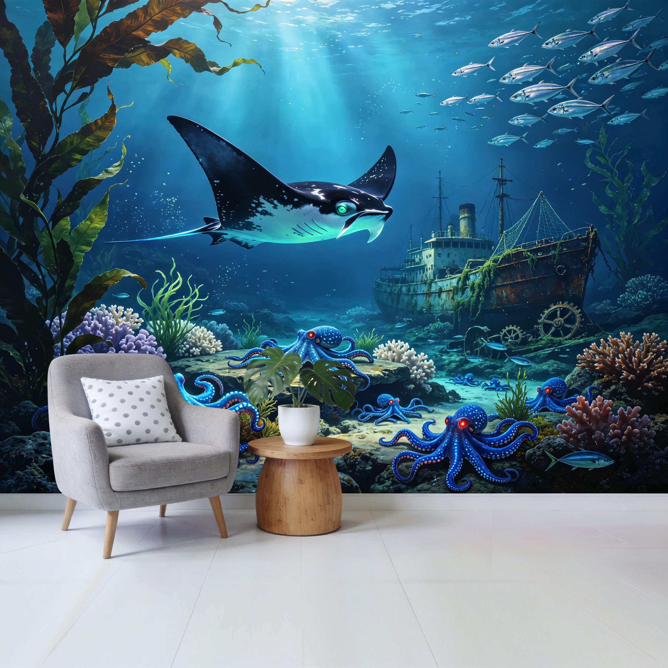 Custom Size Wall Mural Ocean Marine Underwater Scene Shipwreck Manta Ray Blue Octopus Coral Reef Removable Self Adhesive Fabric Home Wall Decor for Living Room Bedroom Bathroom