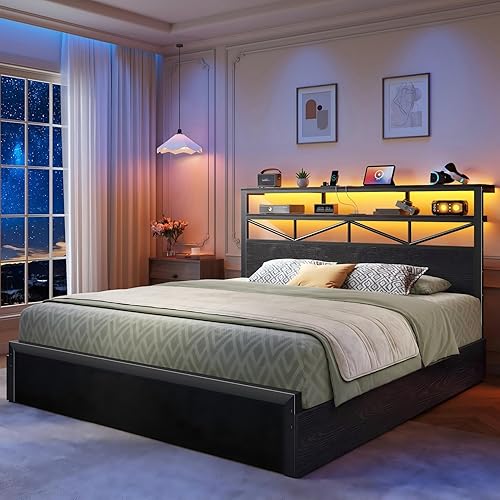Homkdom Queen Bed Frame with Large 4 Drawers & 2-Tier Shelf,Queen Bed Frame with Headboard with Charging Station,LED Light,Heavy Duty Support,Easy Assembly,Black (880 lbs Capacity)