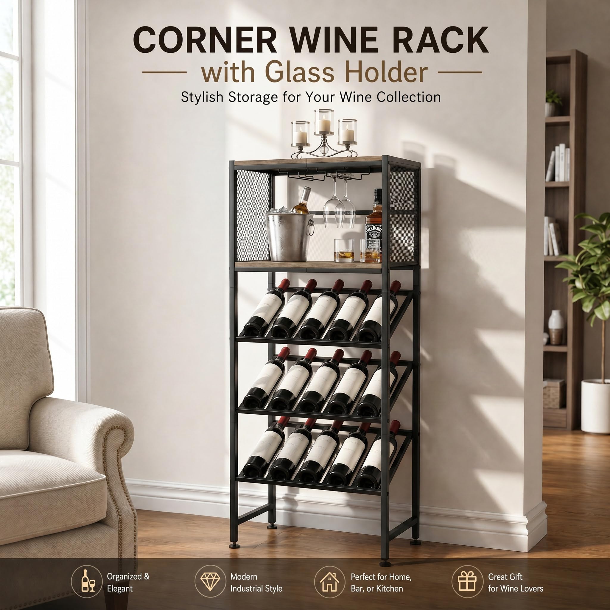 コーナーワインラック 収納棚(Wine Rack) Amazon.co.jp: VonDream コーナーワインラック ガラスホルダーと収納棚