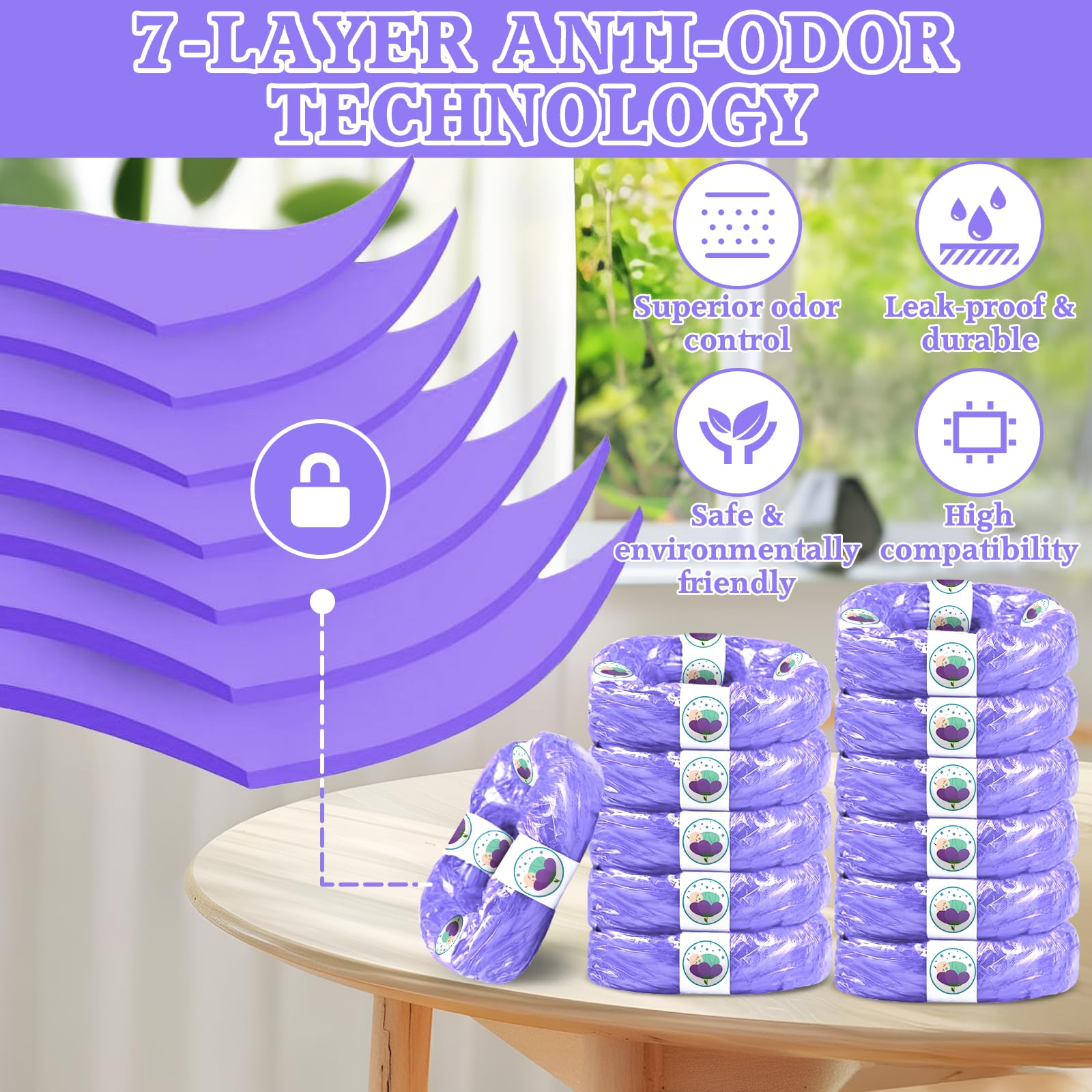 Lot de 15 Recharges Poubelle à Couches 4,5M Compatibles avec Tommee Tippee Twist & Click, Sangenic Tec, Simplee – Antiodor, sans BPA, Sac Jetable Lavande, Recharge Écologique