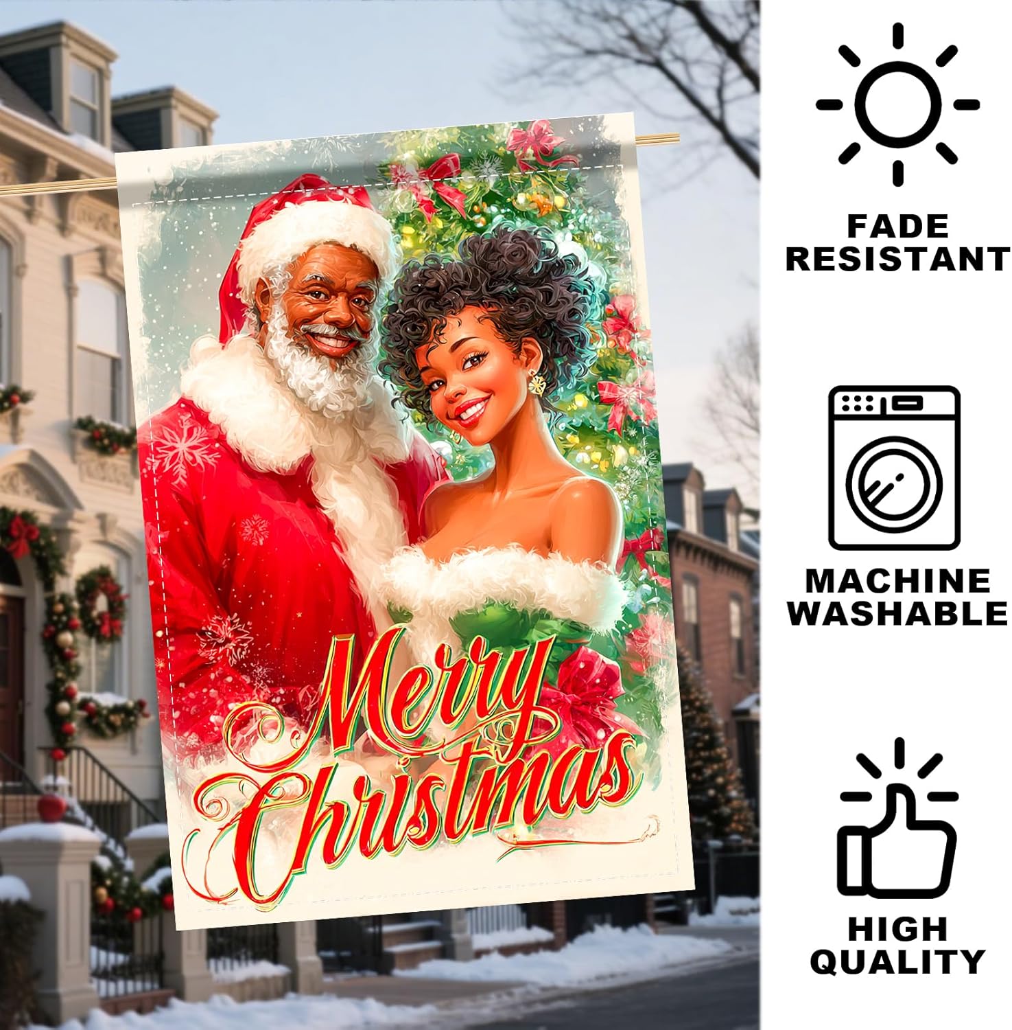Nuxovilar winter garden flag - African American with Black Mrs.Stylish Santa Couple with Curly Hair - Holiday Yard for Patio, Farmhouse Lawn - Double Sided 12x18 Inch. - Image 6