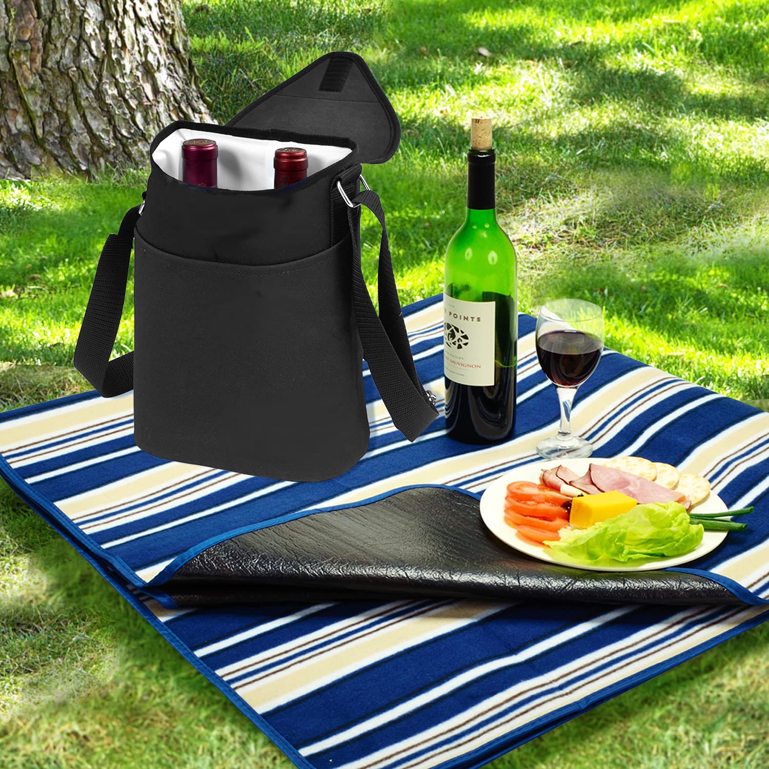 Picnic at Ascot Insulated Wine/Water - Two Bottle Tote with Shoulder Strap - Black